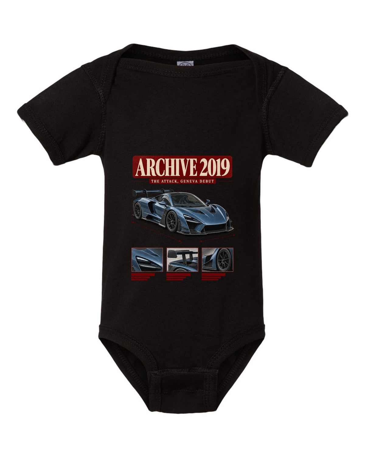 Archive panel design of the Koenigsegg Jesko Attack front three-quarter, print black baby onesie front view with the design