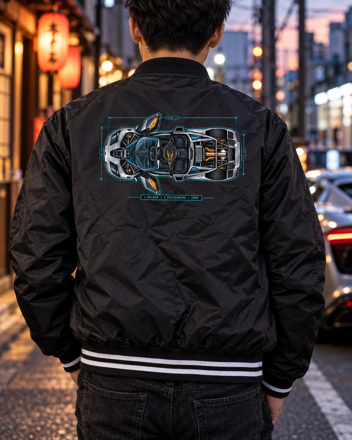 McLaren F1 Blueprint Shirt, One Driver Two Passengers, Car Guy Gift Bomber Jacket Black worn hero