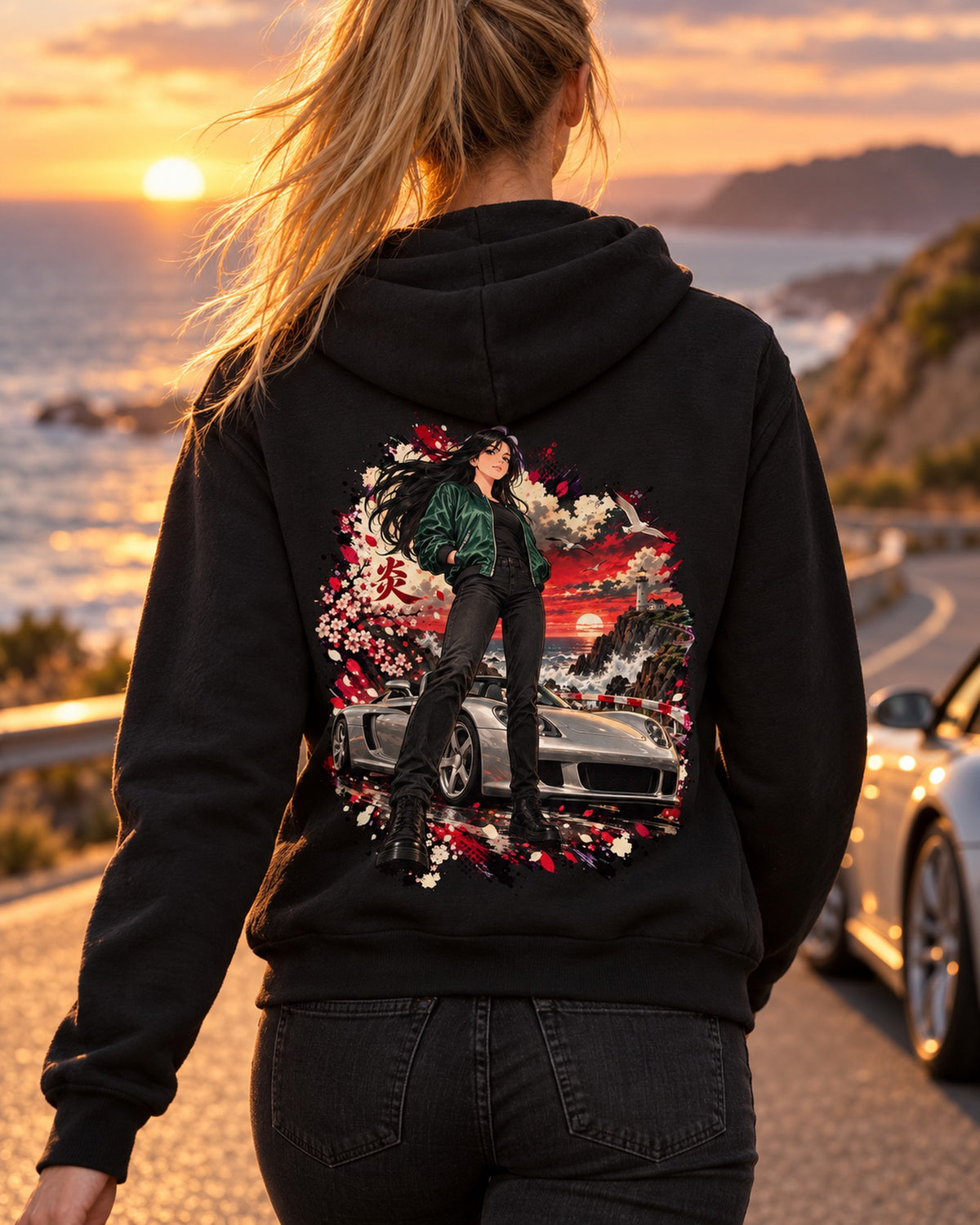 Porsche Carrera GT Anime Girl Shirt, Hoodie & More Zip Hoodie Black worn hero