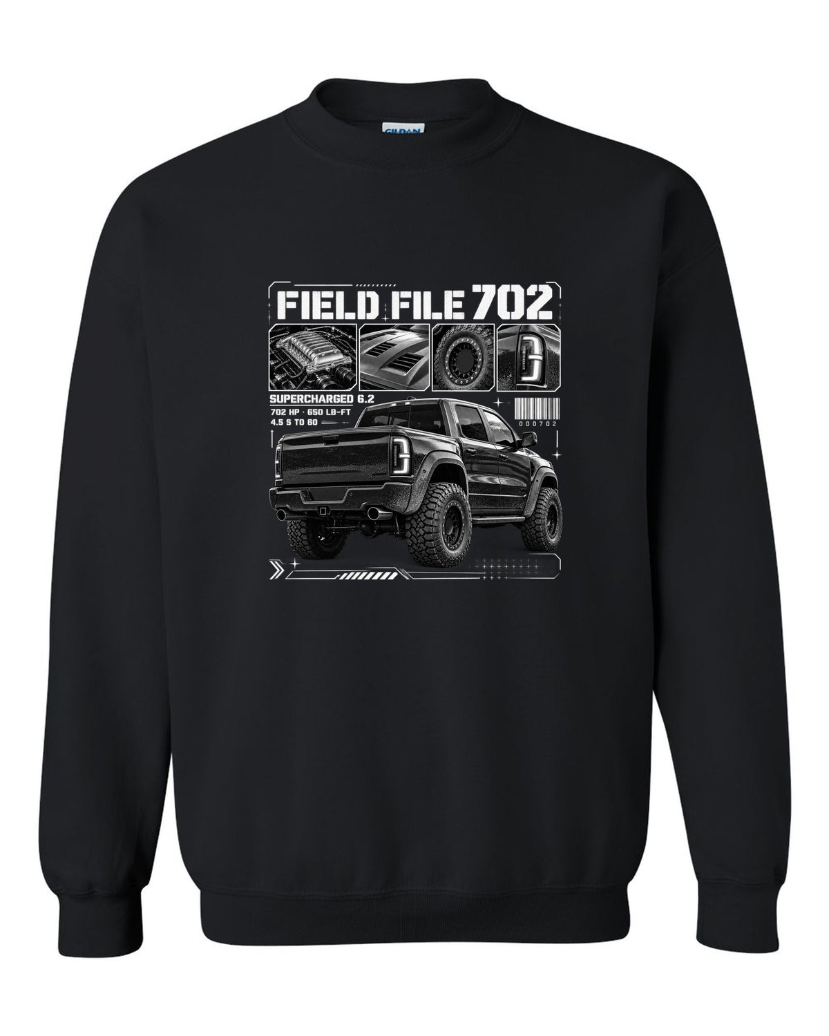Dossier panels of a 2021-2024 Ram 1500 TRX with Field File 702, supercharged 6.2, 4.5 s to 60 black crewneck front view with the design