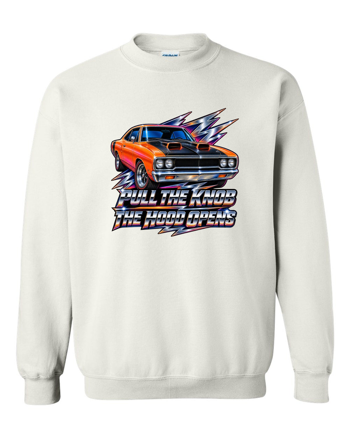 80s airbrush chrome design of a 1970 Plymouth Road Runner with pull the knob hood text white crewneck front view with the design