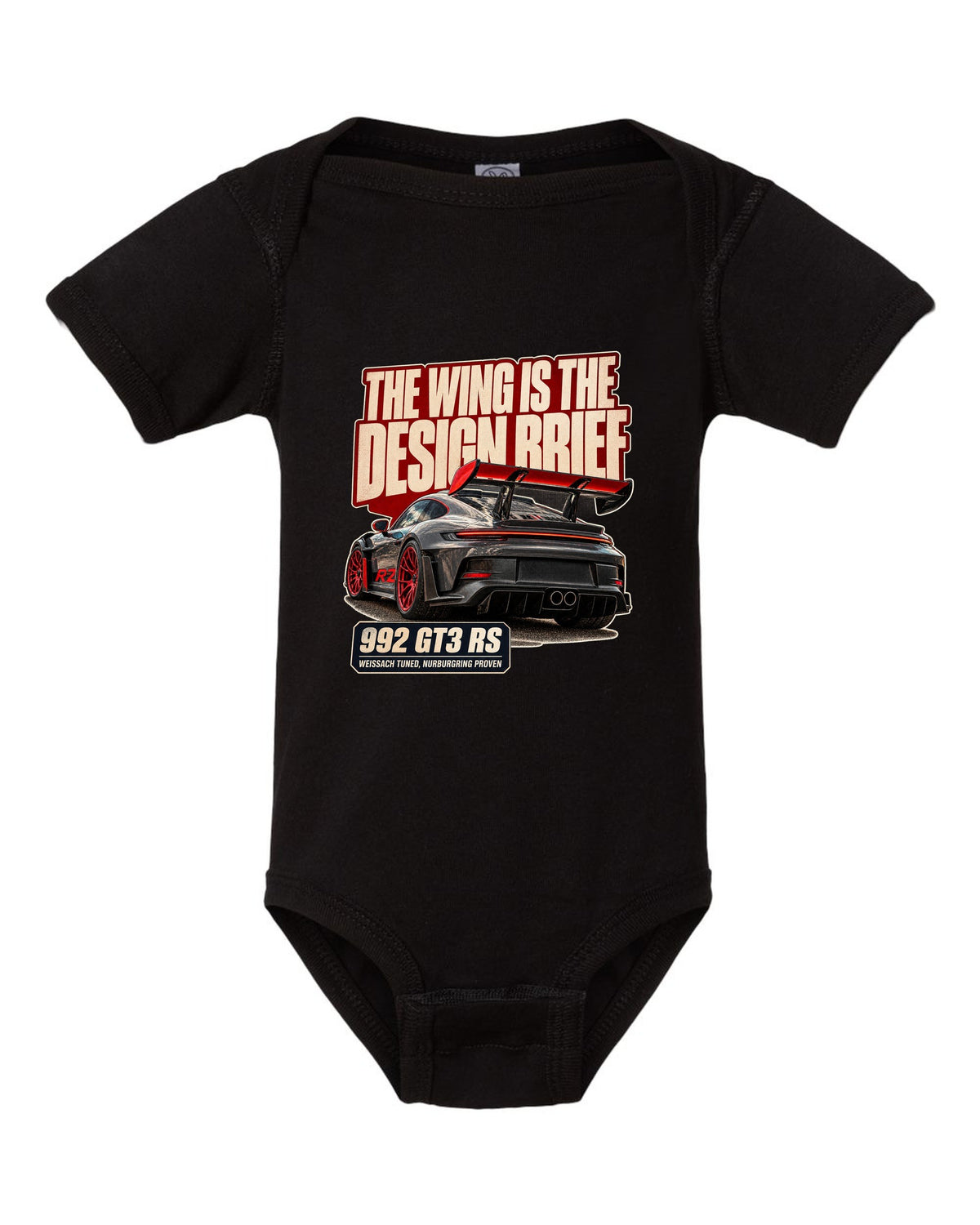 Porsche 992 GT3 RS editorial headline print design black baby onesie front view with the design