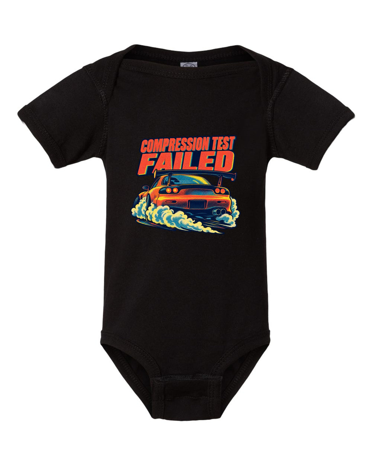 Risograph spot-colour rear view of a Mazda RX-7 FD3S with glowing taillights black baby onesie front view with the design