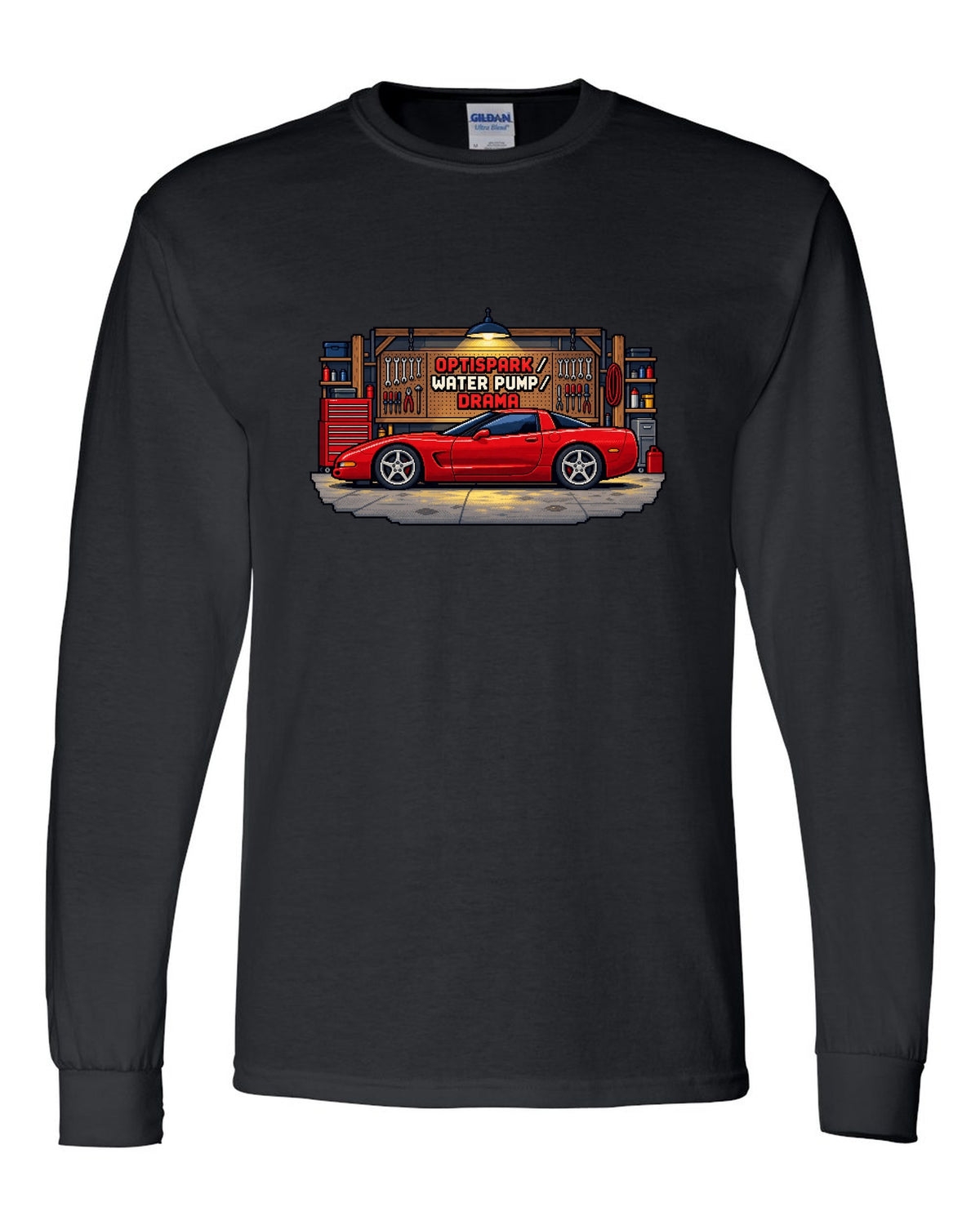 Pixel art print of a 1997 Chevrolet Corvette C5 coupe with Optispark Water Pump Drama text black long sleeve front view with the design
