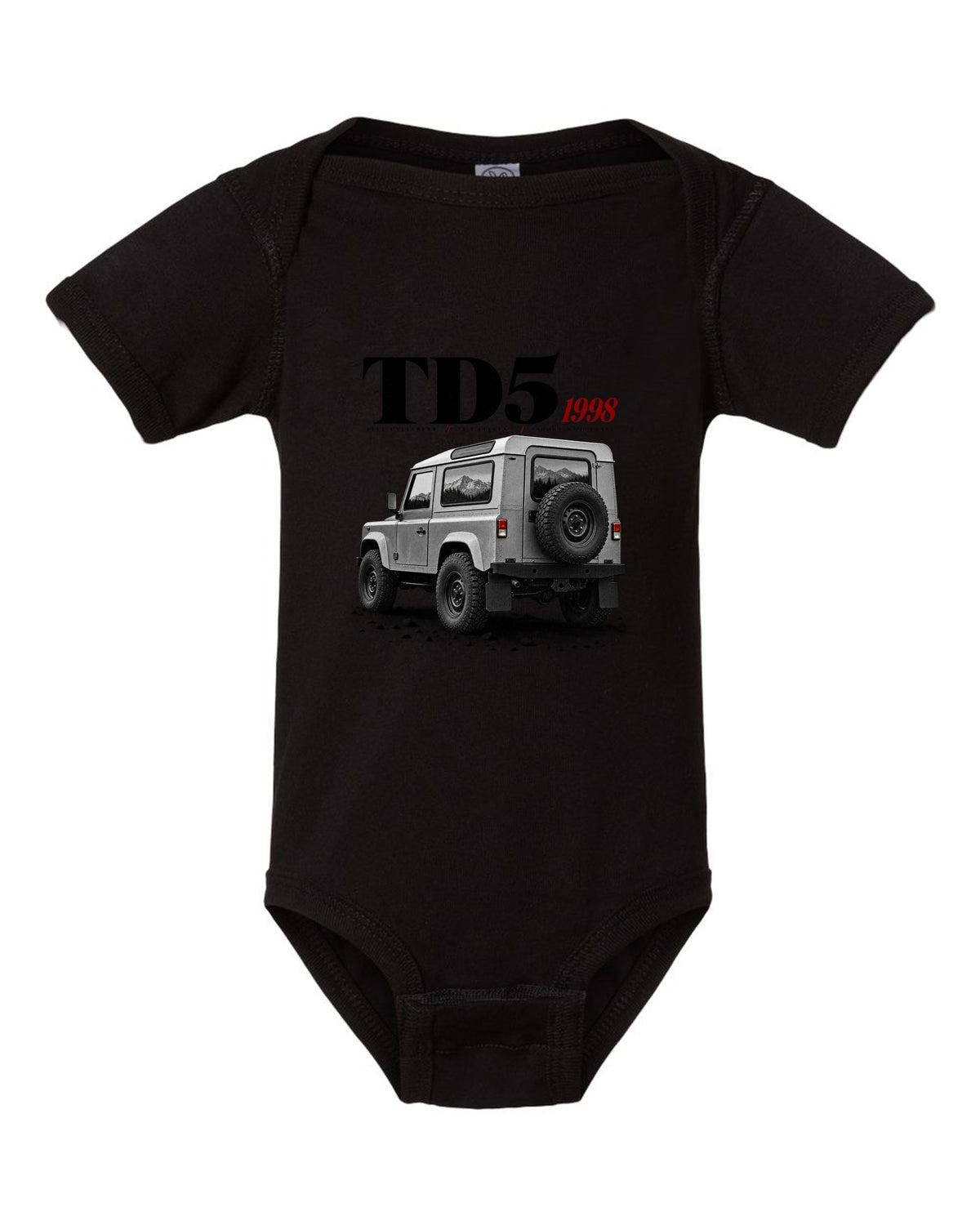 Land Rover Defender 90 editorial headline print about the 1998 Td5 engine black baby onesie front view with the design