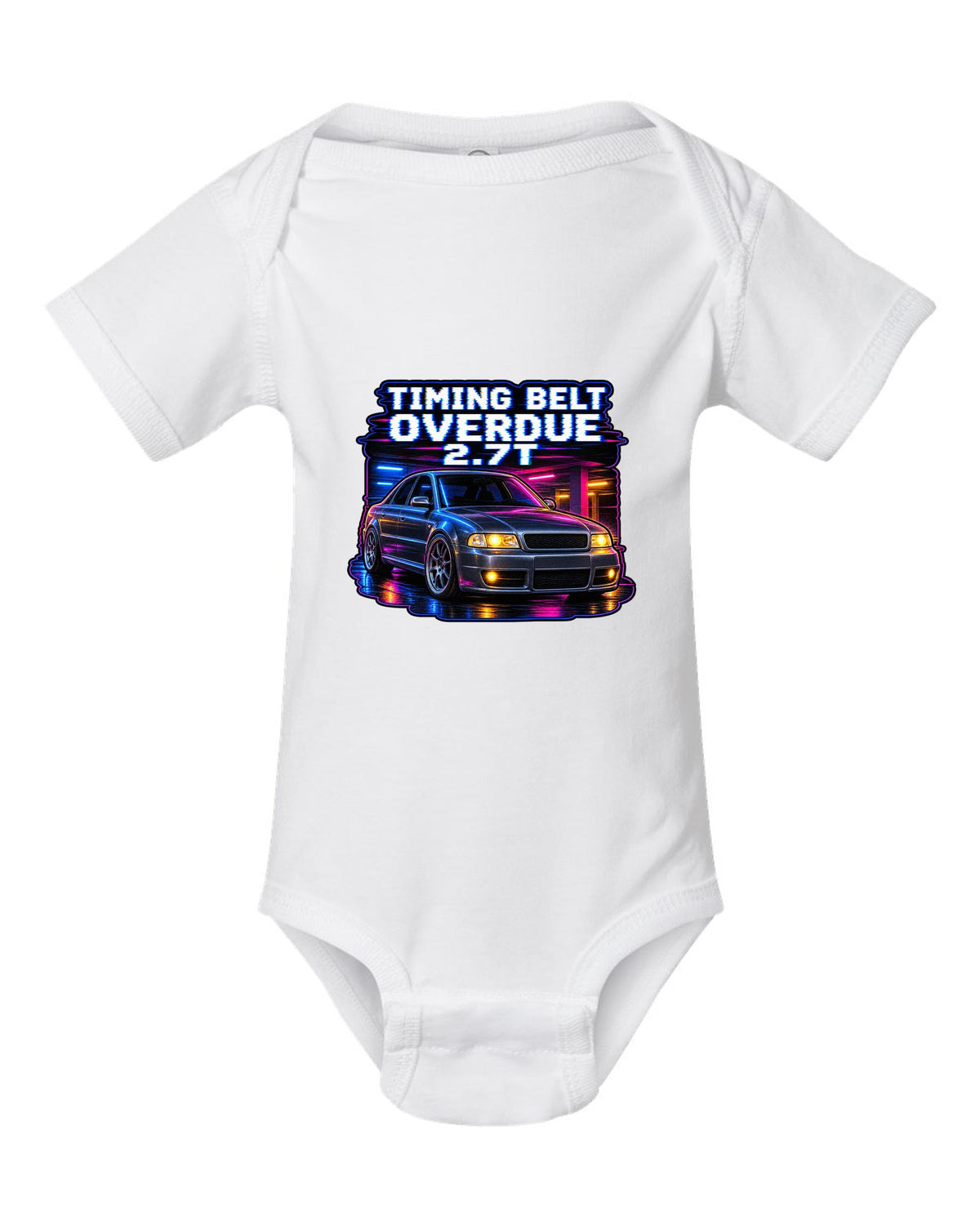 VHS lo-fi print of an Audi S4 B5 with Timing Belt Overdue and 2.7T text white baby onesie front view with the design
