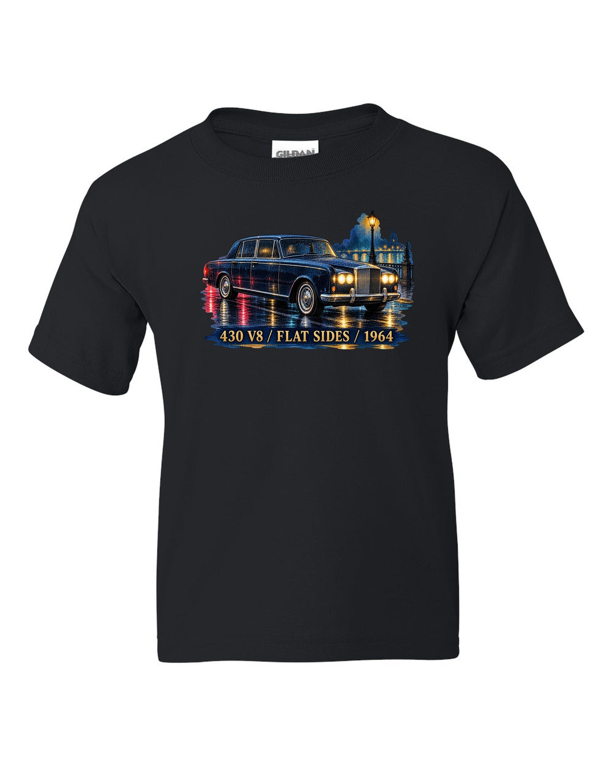1964 Lincoln Continental on a wet night road in watercolour style black kids tee front view with the design