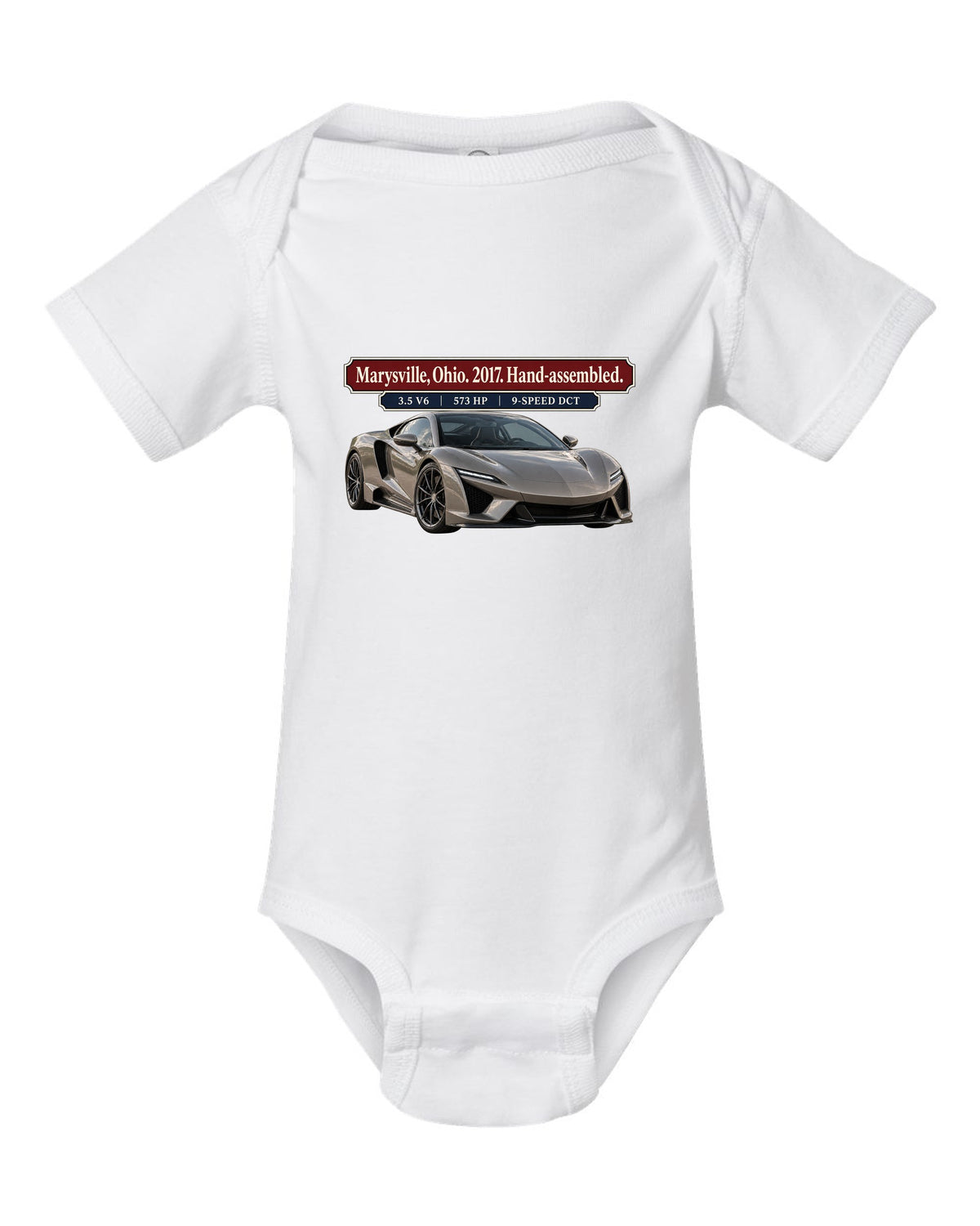 Archive panel print of a 2017 Acura NSX NC1 launch car in warm grey white baby onesie front view with the design