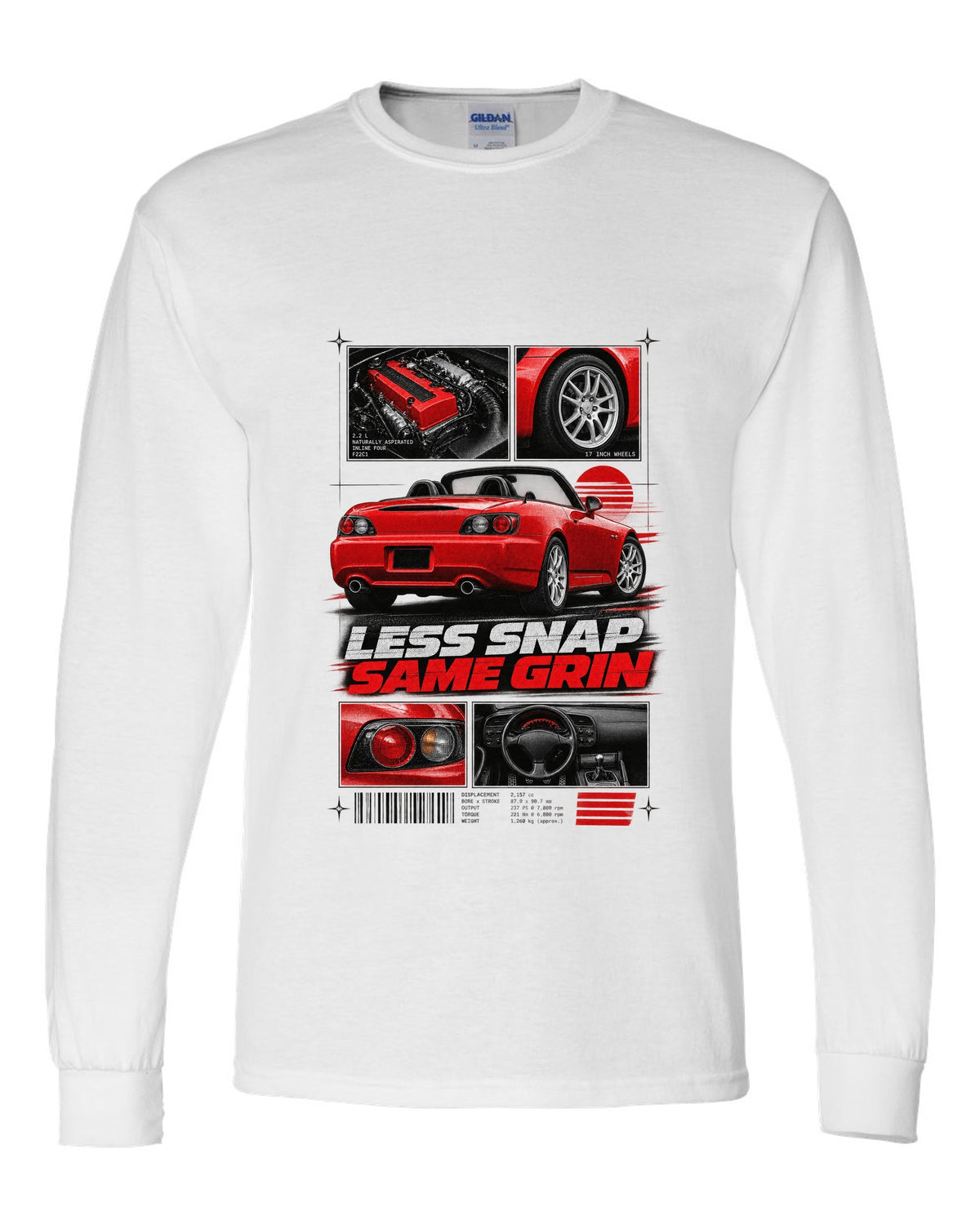 Honda S2000 AP2 roadster dossier panels design with 17 inch wheels less snap same grin text white long sleeve front view with the design