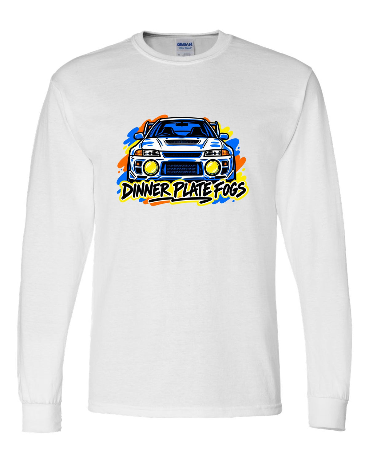 Mitsubishi Lancer Evolution IV CN9A mono-line sketch, DINNER PLATE FOGS white long sleeve front view with the design