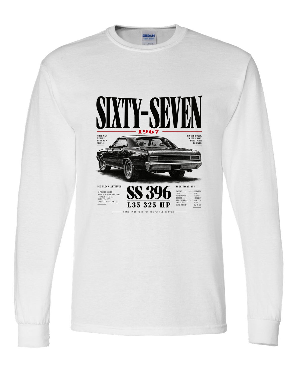1967 Chevelle SS 396 rear three-quarter editorial headline print white long sleeve front view with the design