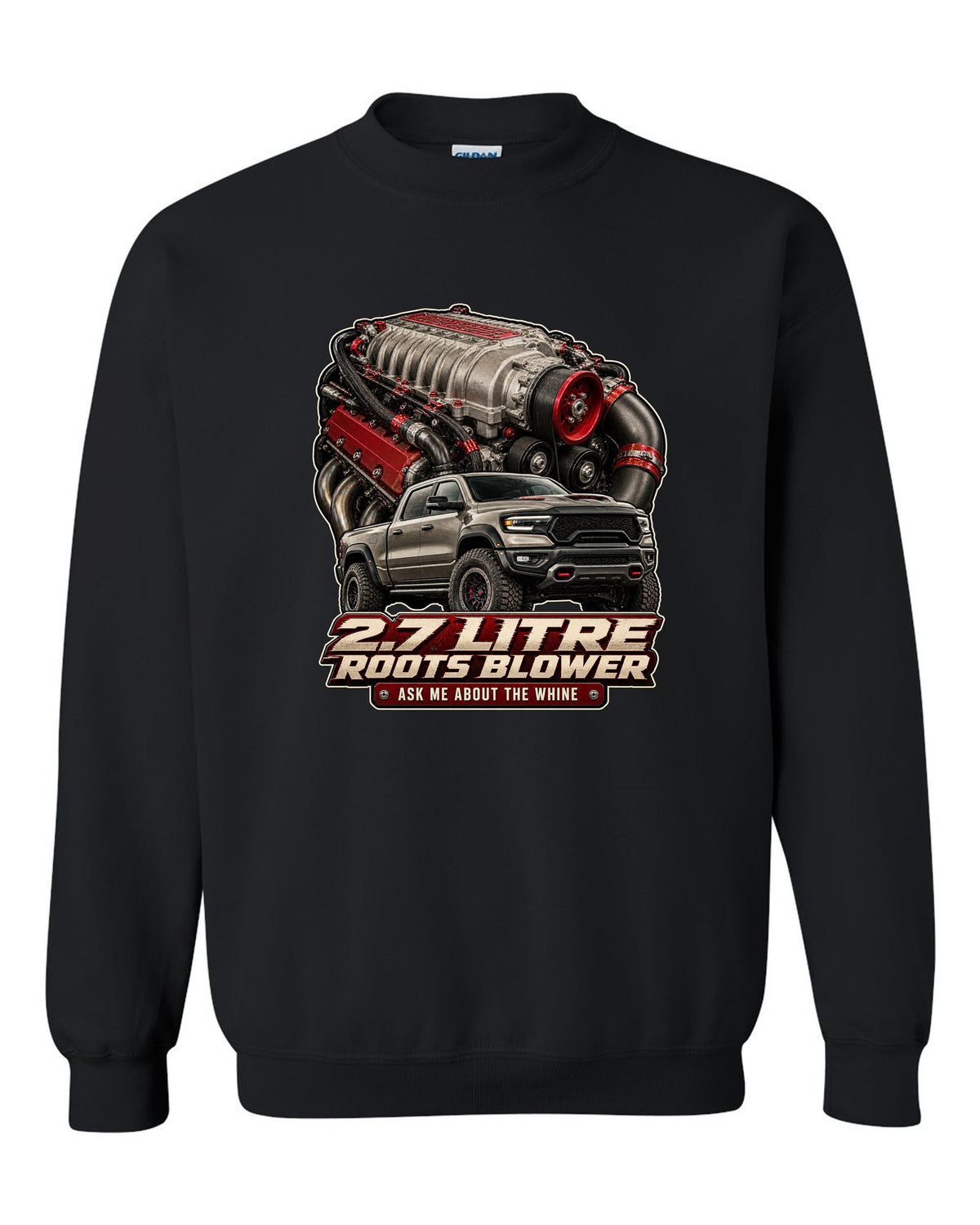 Ram 1500 TRX 2.7 litre Roots supercharger engine poster print black crewneck front view with the design