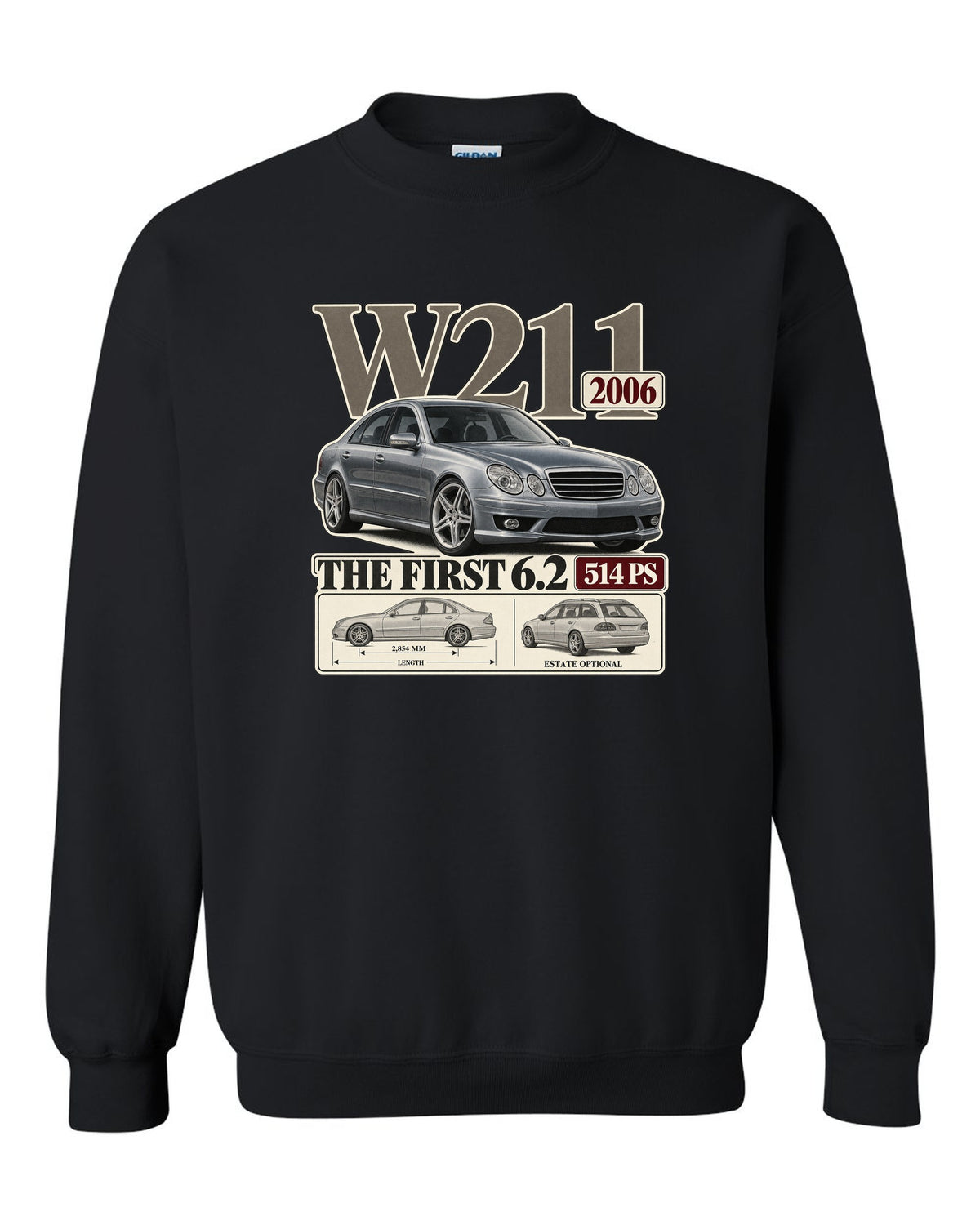 Archive panel print of a silver Mercedes-AMG E63 W211 sedan black crewneck front view with the design