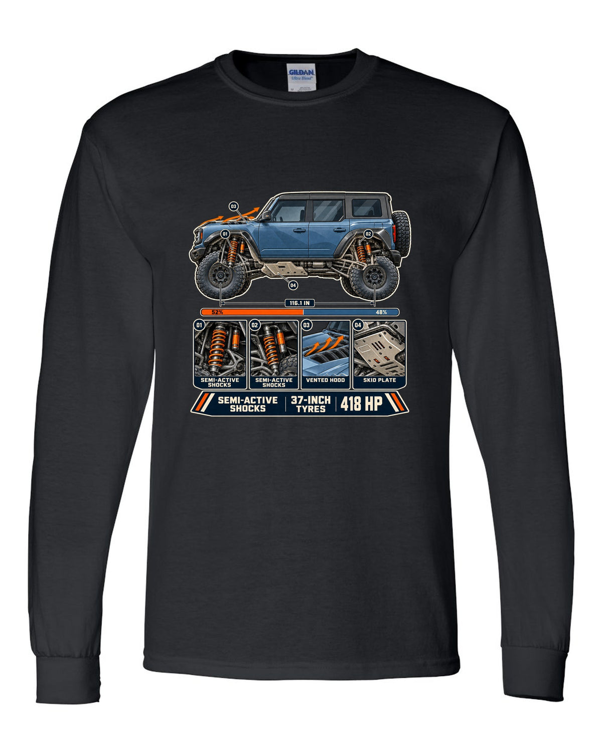 Ford Bronco Raptor suspension cutaway with callouts print black long sleeve front view with the design
