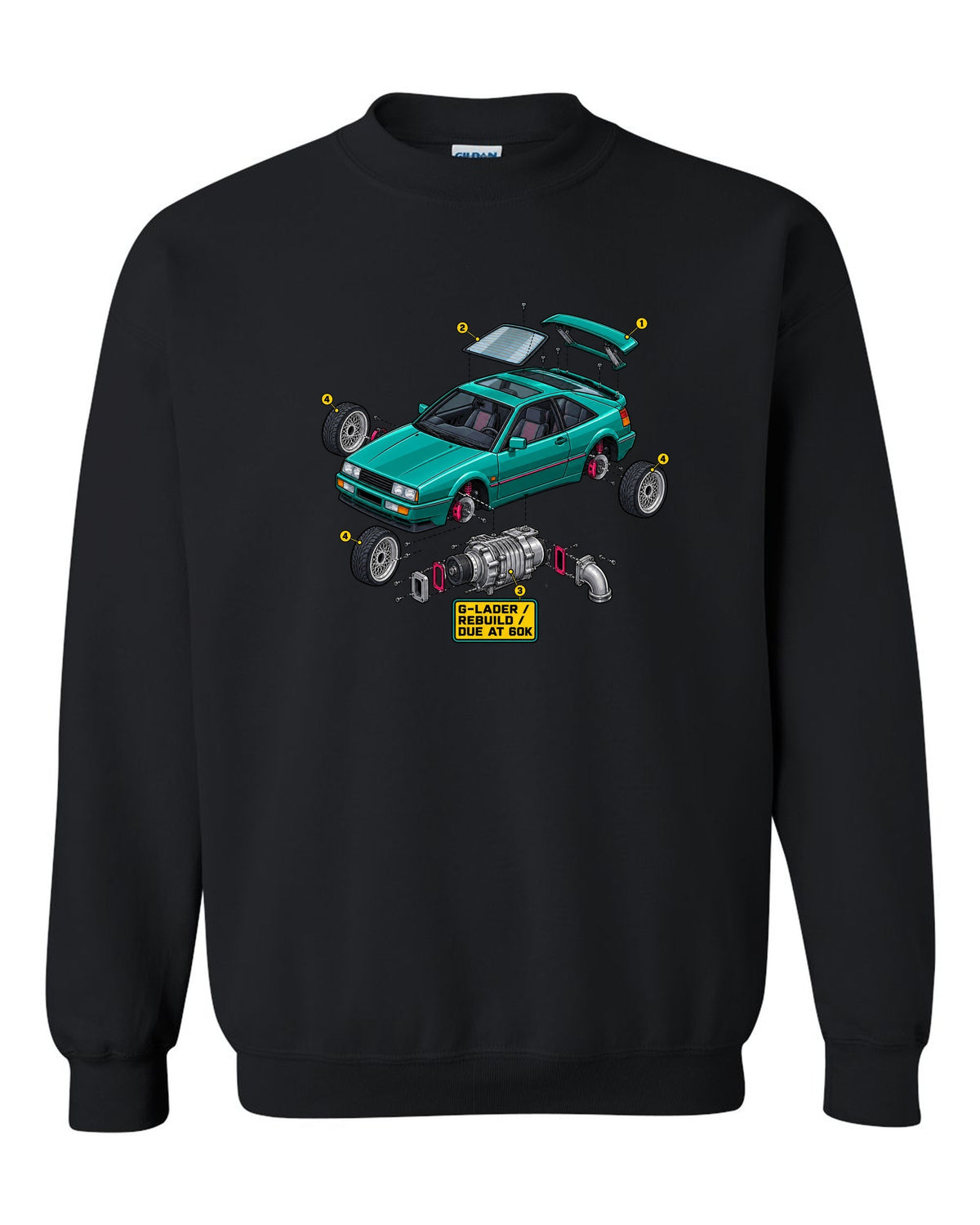 Exploded cutaway engine illustration of a VW Corrado G60 with G-Lader rebuild due at 60K text black crewneck front view with the design