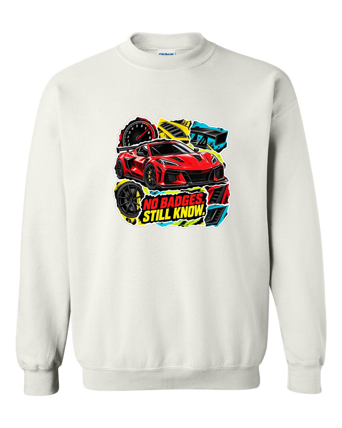 Sticker-bomb collage print of a 2025 Chevrolet Corvette C8 ZR1 with fender vents and rear wing white crewneck front view with the design
