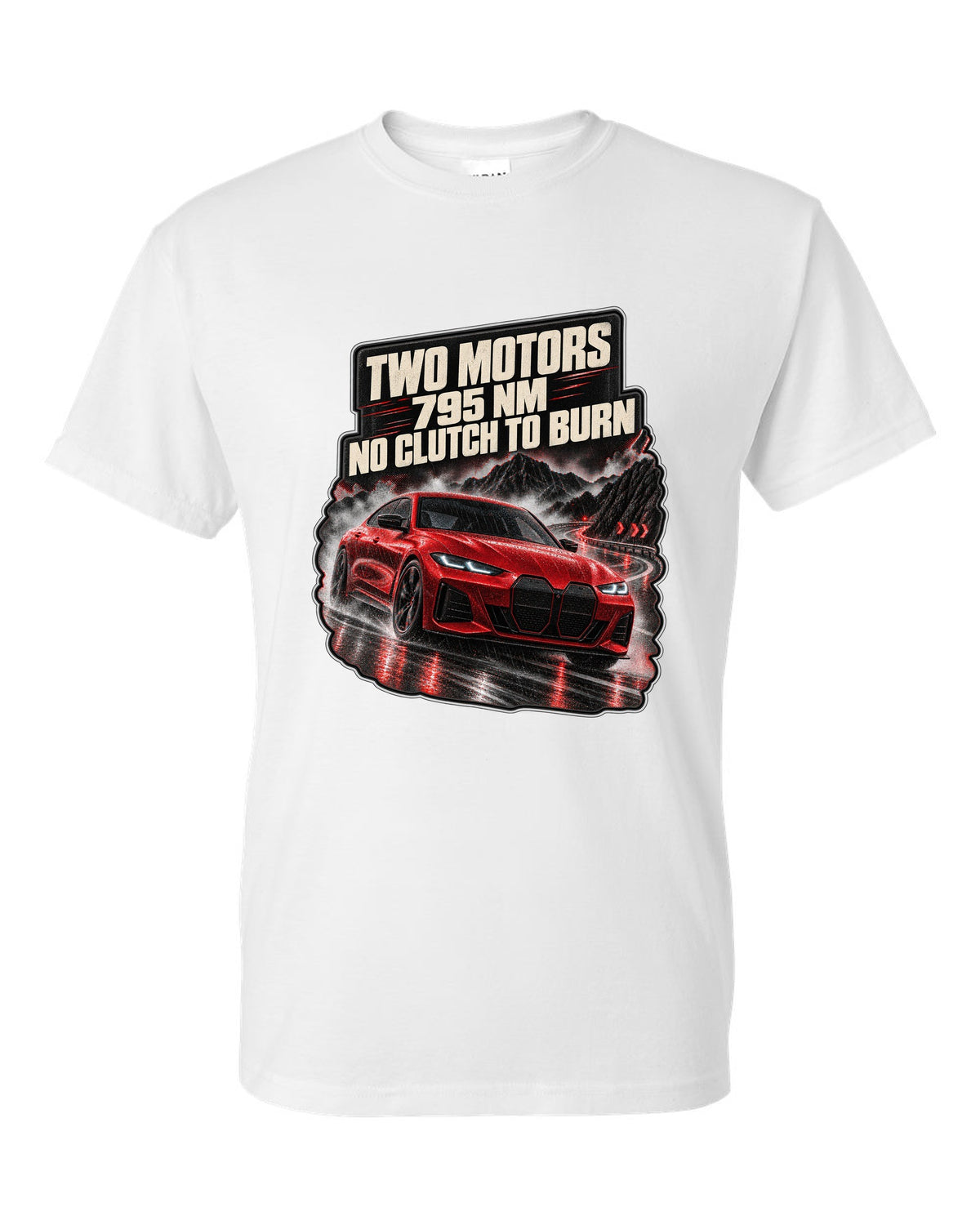 Night touge road print of a BMW i4 M50 G26 with two motors and 795 Nm white t-shirt front view with the design