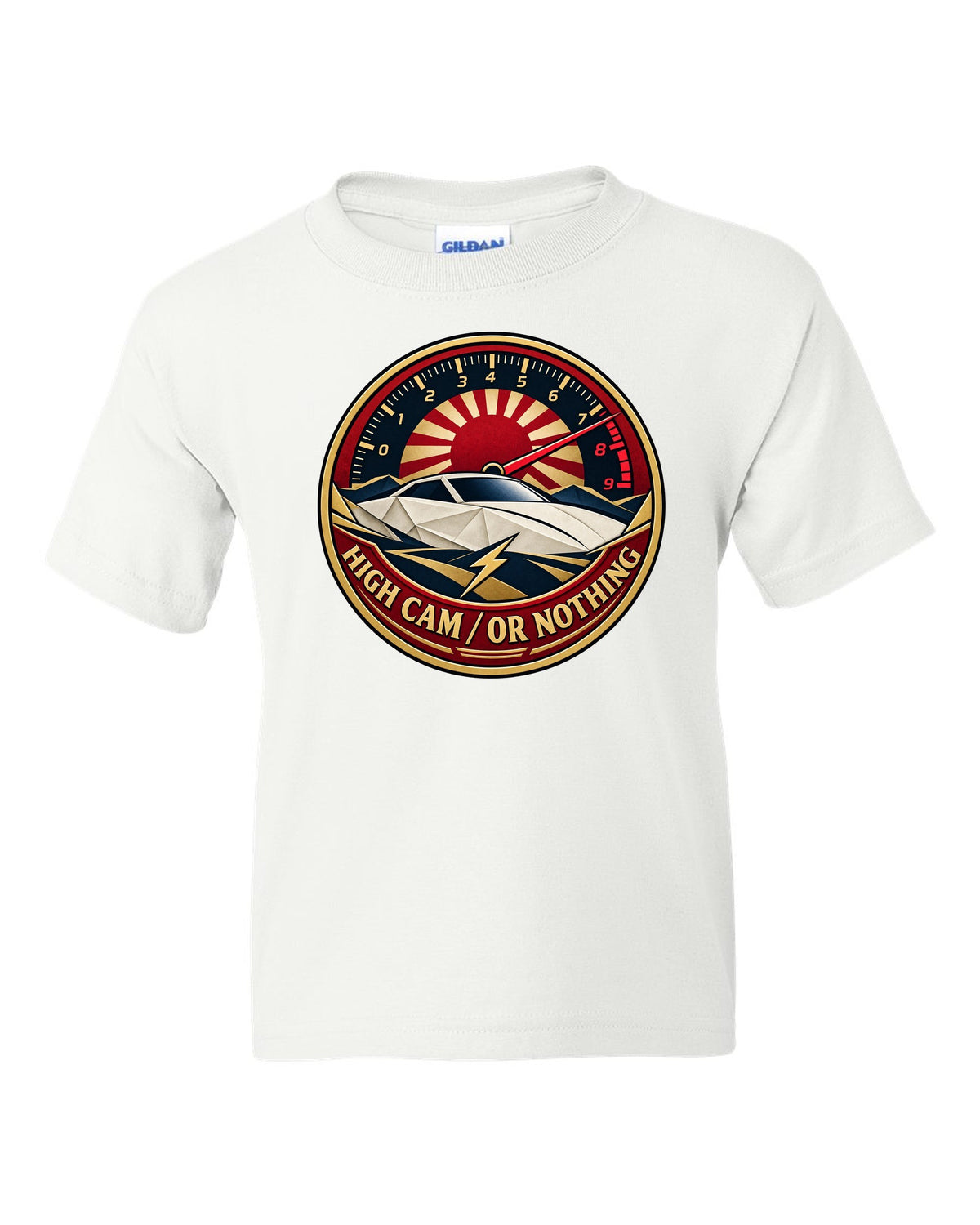 Origami-style crest of a Toyota Celica ZZT231 with the words High Cam or Nothing white kids tee front view with the design