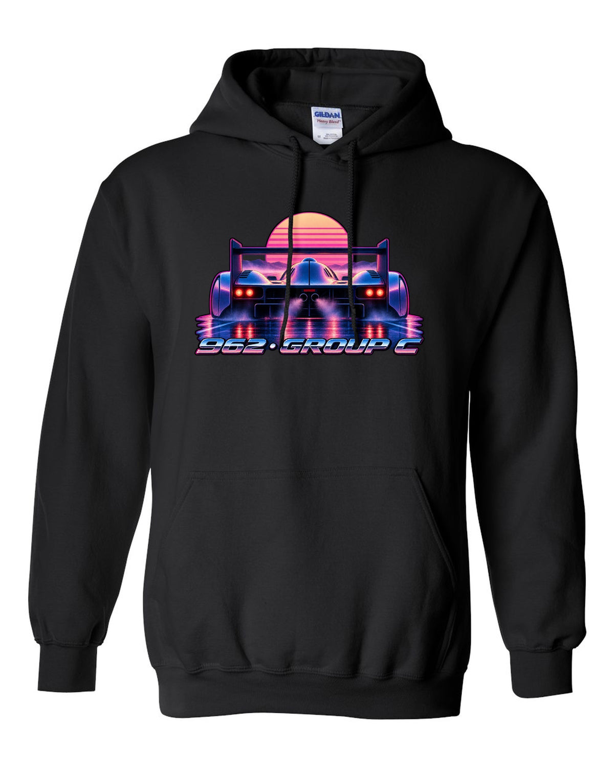 Synthwave gradient print of a Porsche 962 Group C long tail in dawn mist black pull over hoodie front view with the design