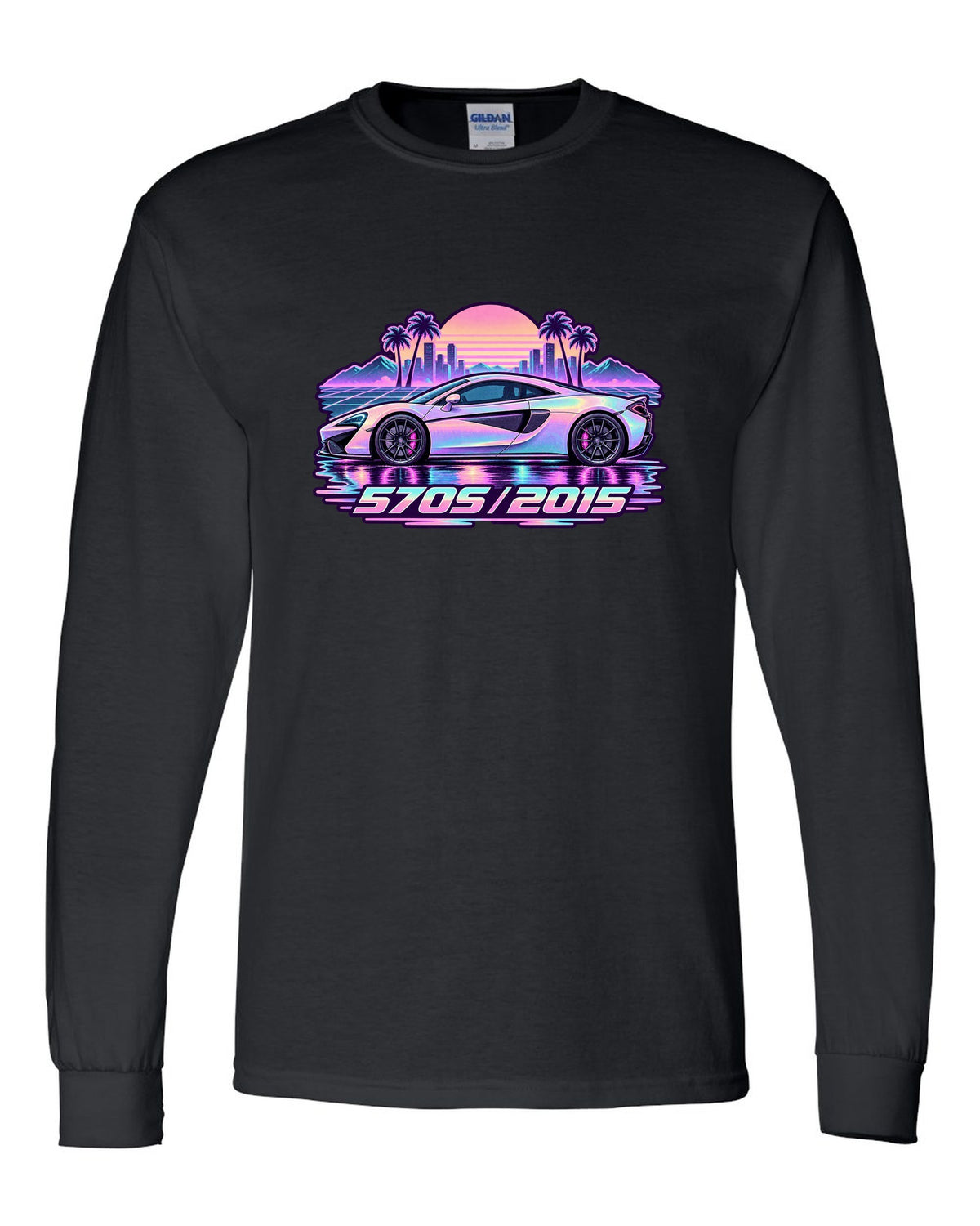 McLaren 570S vaporwave pastel rain print with 570S 2015 lettering black long sleeve front view with the design