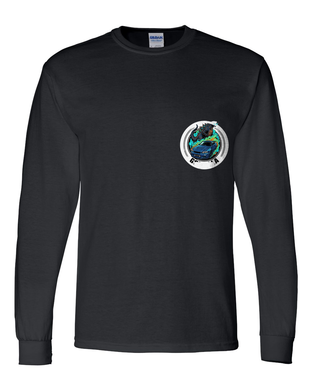 Nissan GT-R R34 Godzilla Long Sleeve T-Shirt — Black front emblem