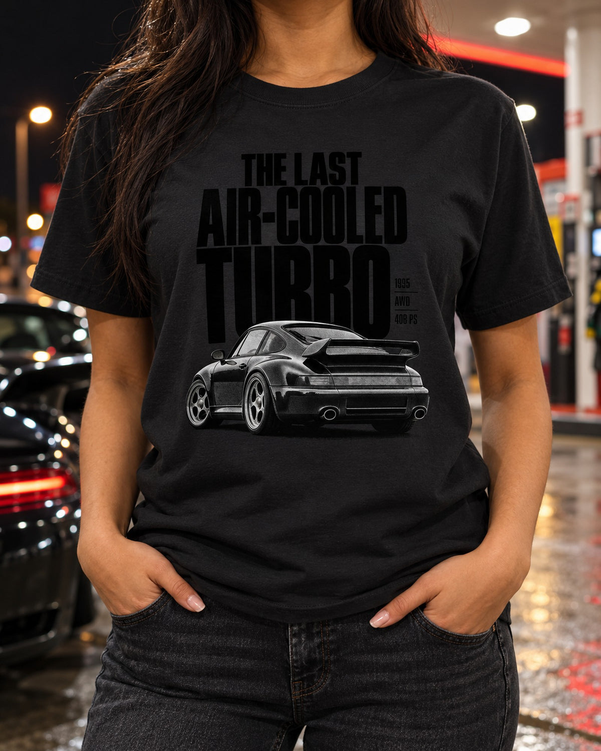 Porsche 911 Turbo 993 Halftone Tee, The Last Air-Cooled Turbo T-Shirt Black worn hero