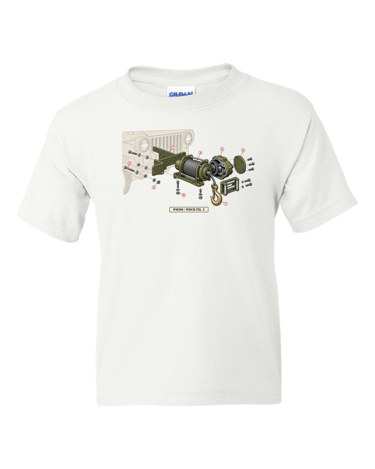 Exploded diagram print of a Dodge Power Wagon WM300 front winch labelled Fig. 3 white kids tee front view with the design