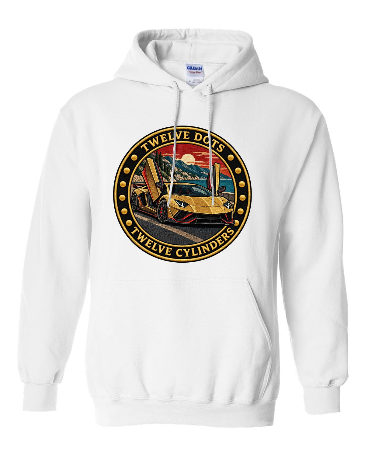 Embroidery-style round crest with a Lamborghini Aventador Ultimae LP780-4 and text TWELVE DOTS / TWELVE CYLINDERS white pull over hoodie front view with the design