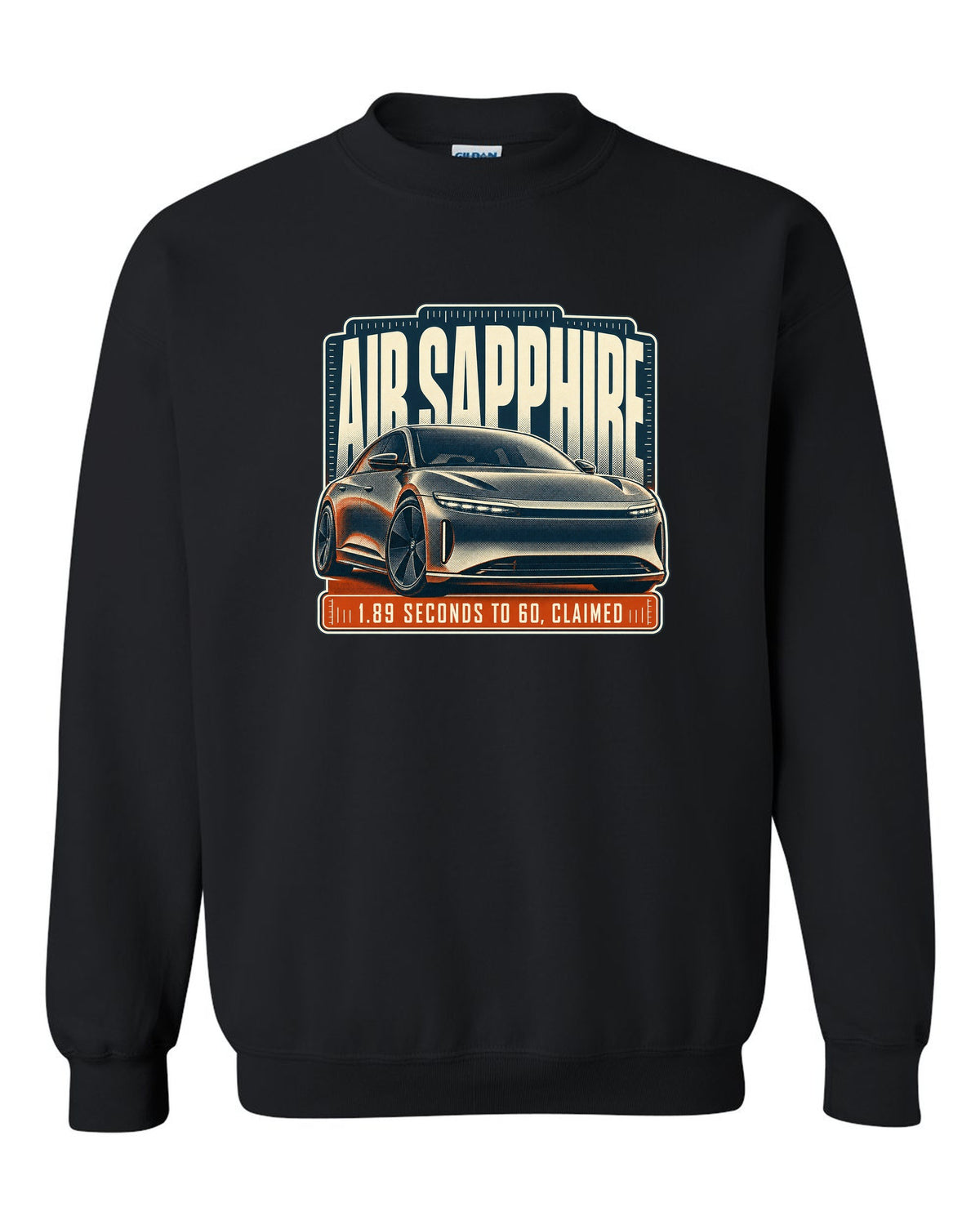 Halftone print of a Lucid Air Sapphire with 1.89 second 0-60 claim black crewneck front view with the design