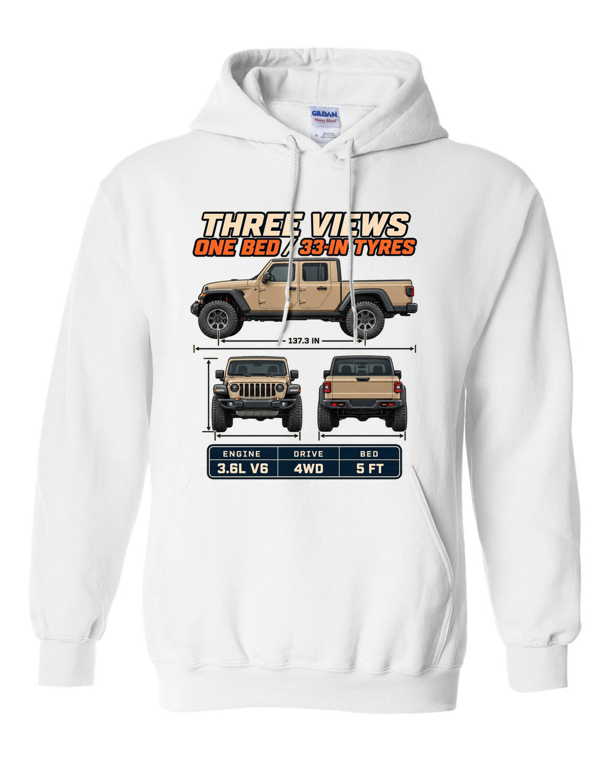 Three-view drawing with spec table print of the Jeep Gladiator Mojave white pull over hoodie front view with the design