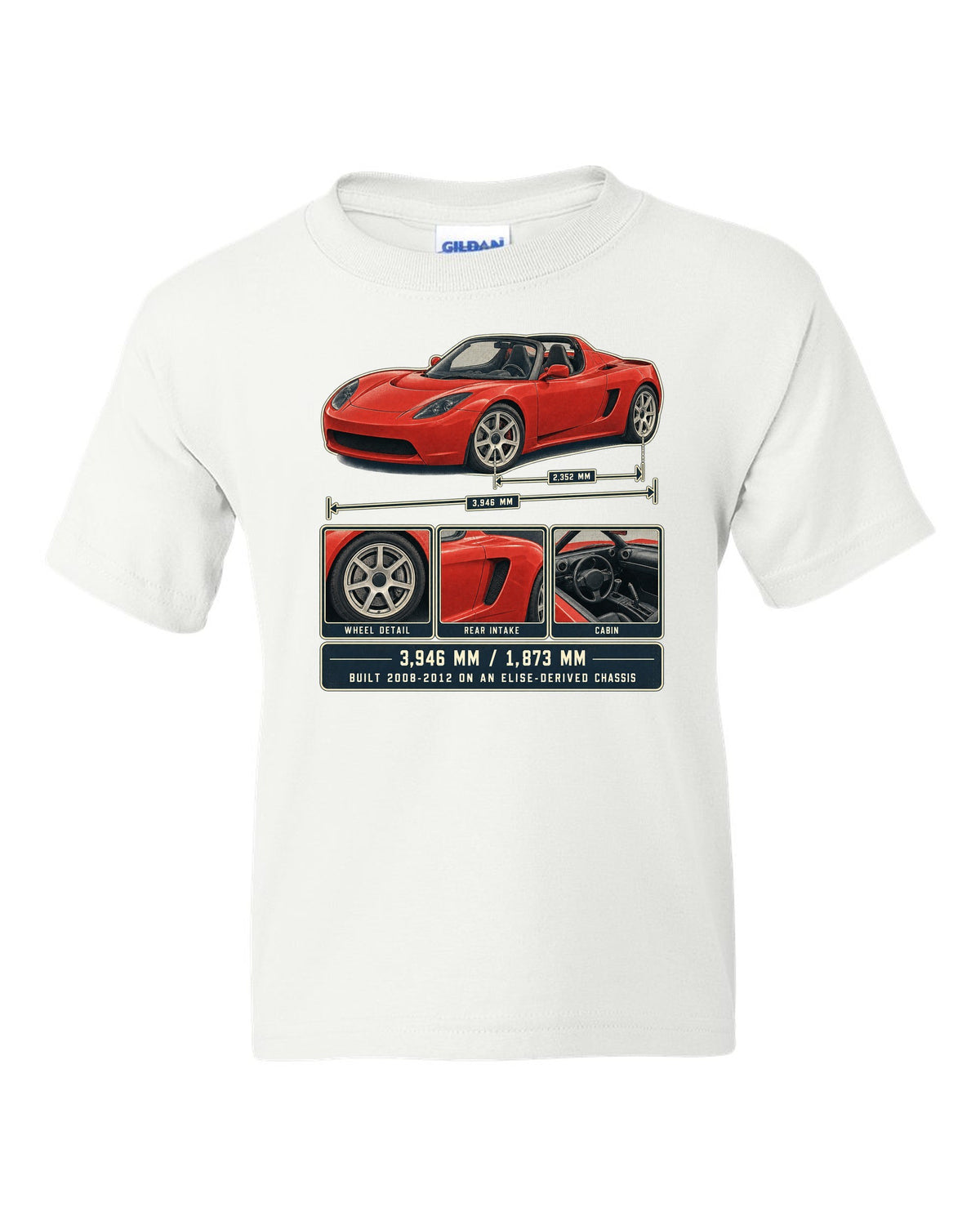 Dossier panel print of a first-generation Tesla Roadster with dimensions white kids tee front view with the design