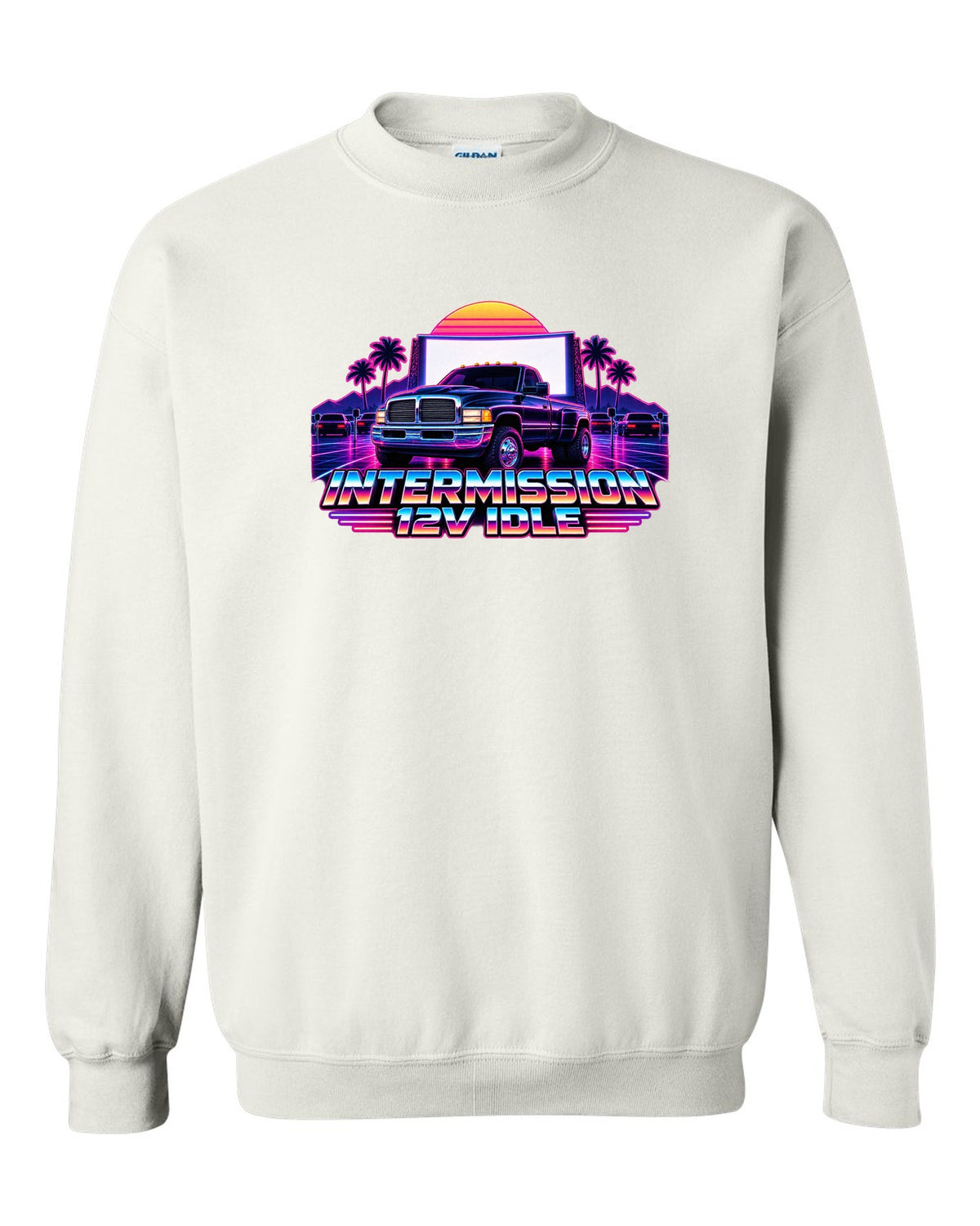 Neon synthwave grid print of a 1994-1998 Dodge Ram 2nd gen 12V with intermission 12V idle text white crewneck front view with the design