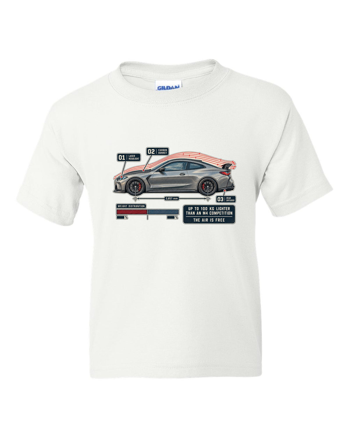 BMW M4 CSL G82 aero flow cutaway print white kids tee front view with the design