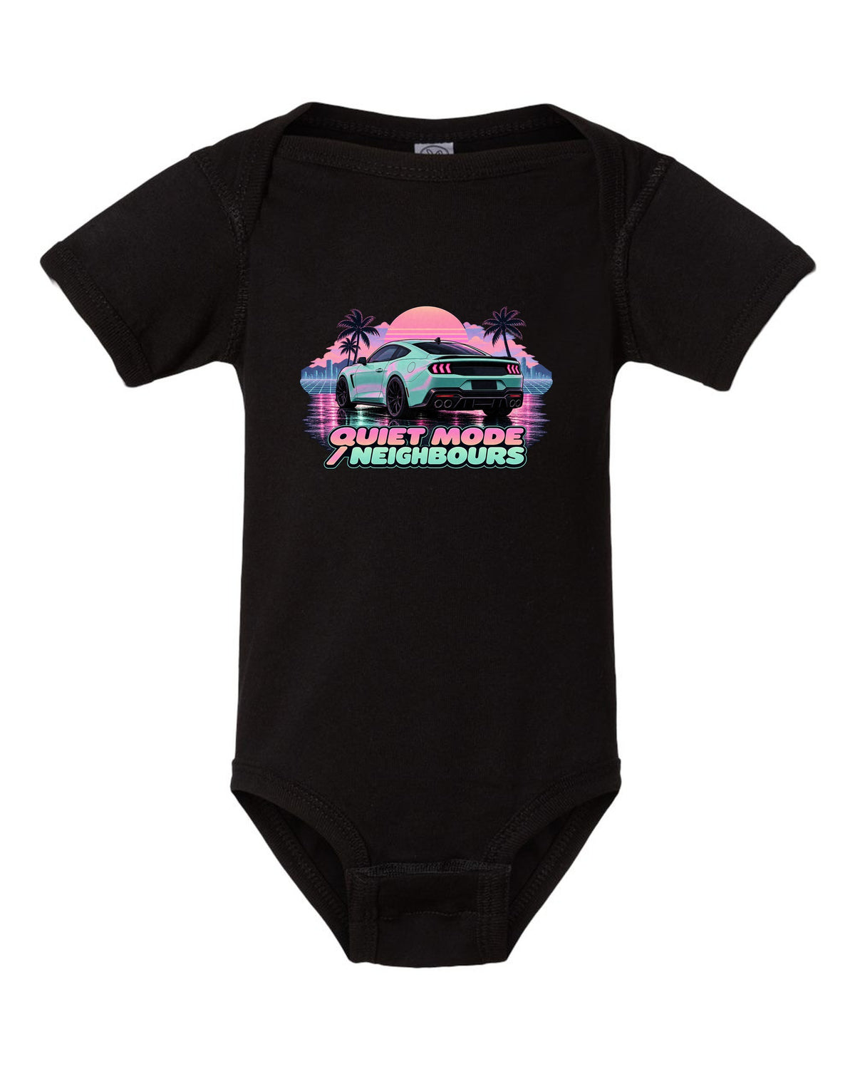 Vaporwave pastel print of a 2024 S650 Mustang coupe on wet asphalt with Quiet Mode text black baby onesie front view with the design