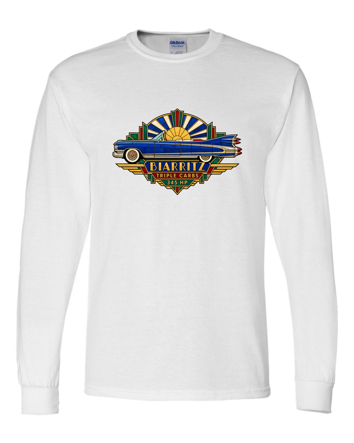 1959 Cadillac Eldorado Biarritz in Art Deco stained-glass geometric style white long sleeve front view with the design