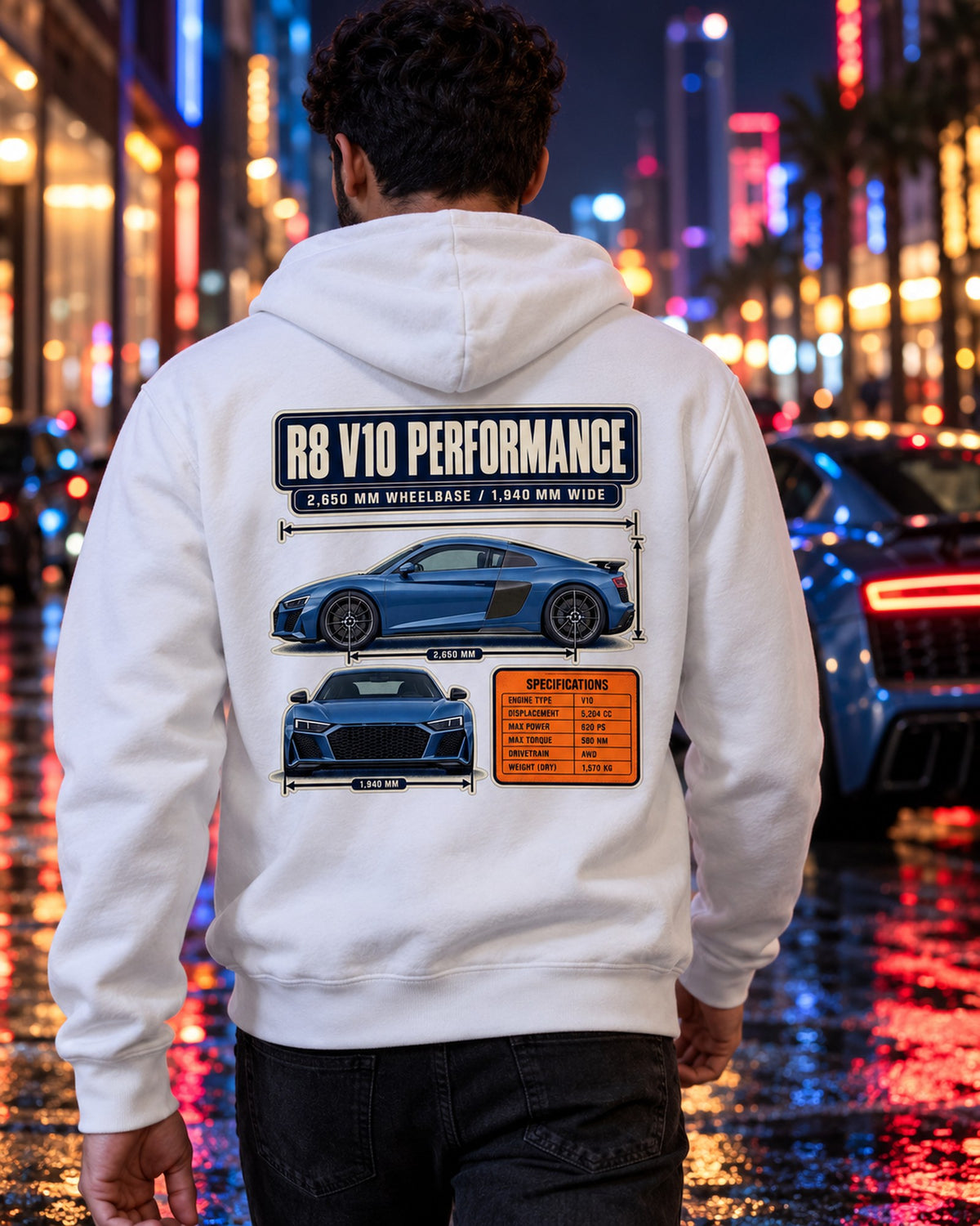 Audi R8 V10 Performance Dimension Blueprint Tee, Type 4S Car Shirt Zip Hoodie White worn hero