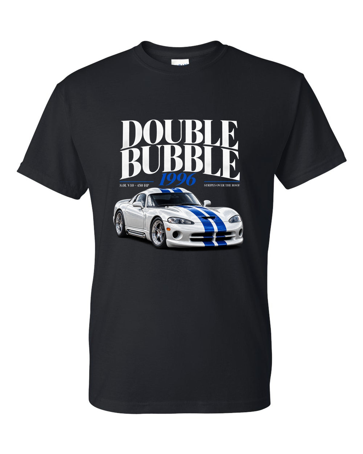 Editorial headline print of a 1996 Dodge Viper GTS SR II with double bubble and 8.0L V10 text black t-shirt front view with the design
