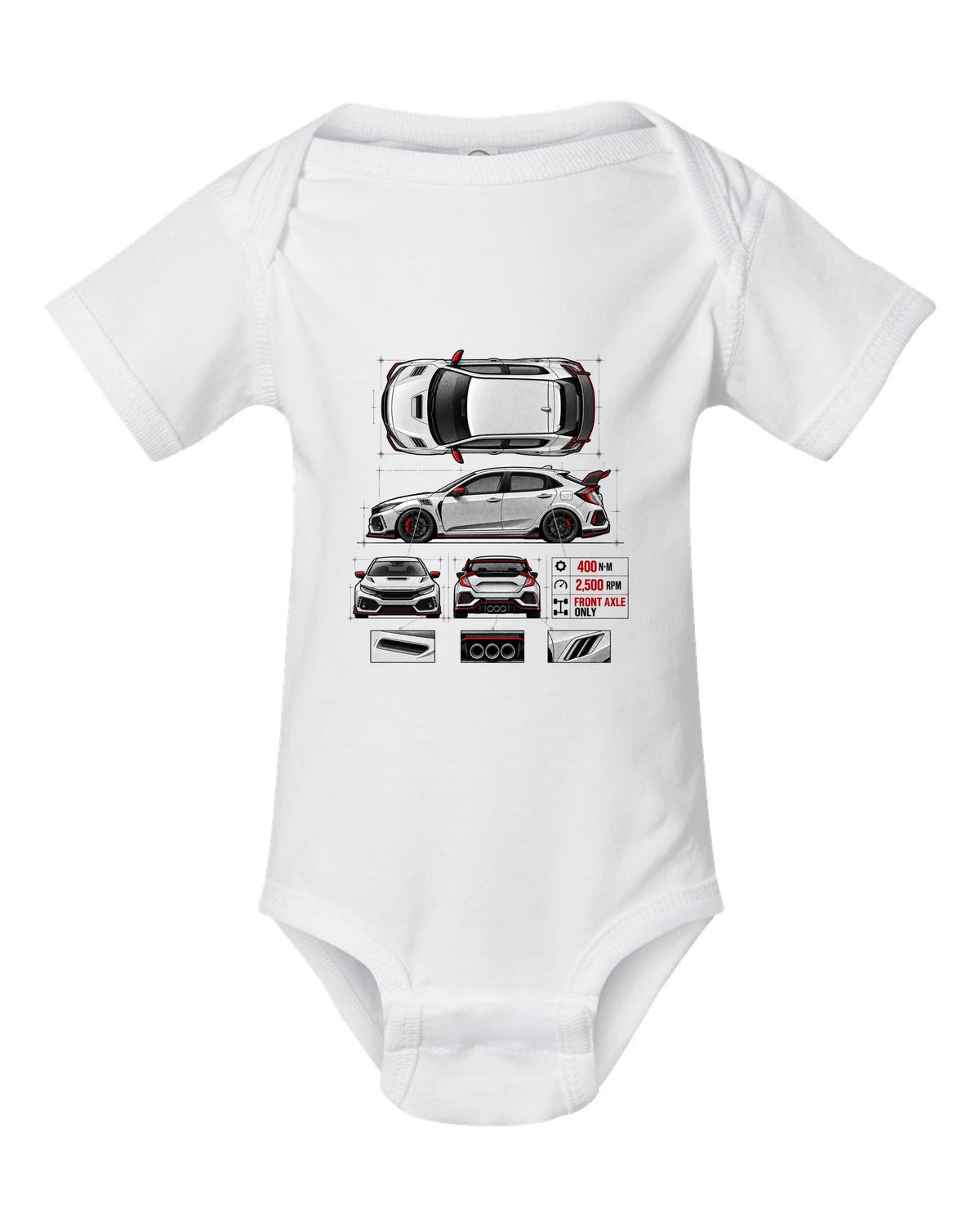 Spec poster print of a 2018 Honda Civic FK8 chback with torque figures white baby onesie front view with the design