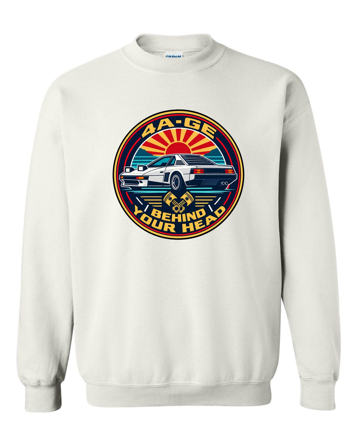 Round crest print of a Toyota MR2 AW11 with 4A-GE text white crewneck front view with the design
