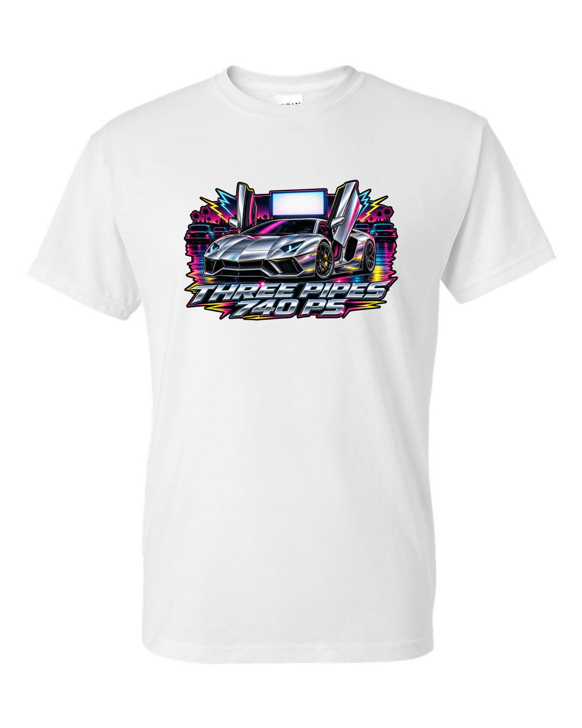 80s airbrush chrome Lamborghini Aventador S LP740-4 with the text THREE PIPES / 740 PS white t-shirt front view with the design