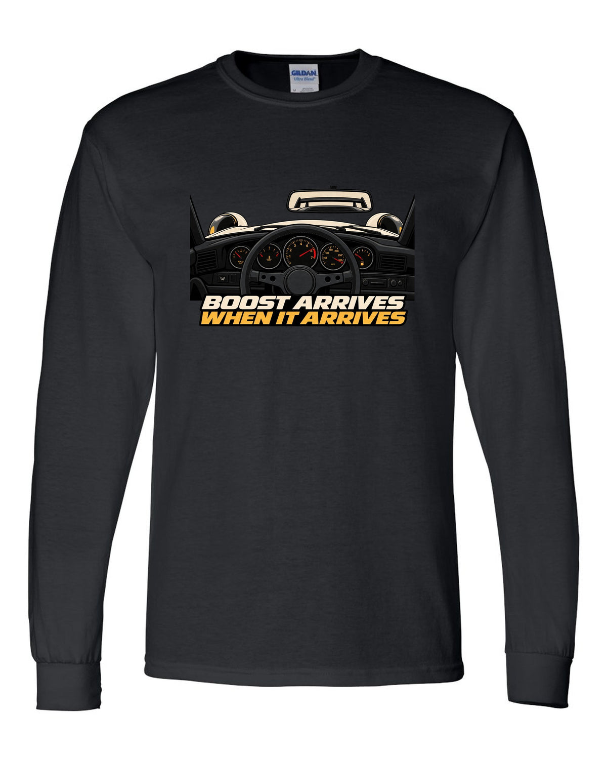 Gauge cockpit vector print of a 1993 Porsche 911 Turbo 964 with Boost Arrives When It Arrives lettering black long sleeve front view with the design