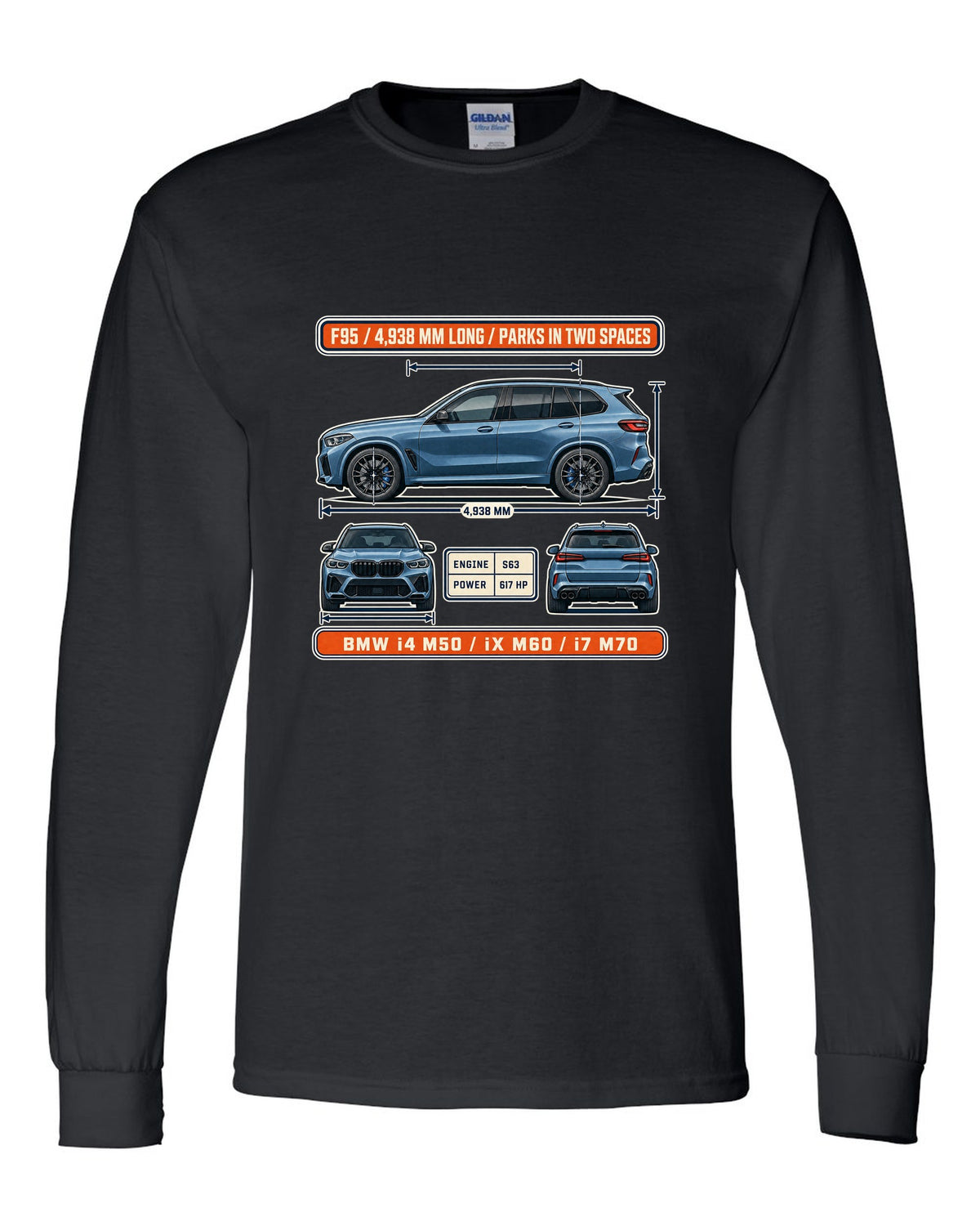 Dimension blueprint print of the BMW X5 M Competition F95 with 4,938 mm length black long sleeve front view with the design