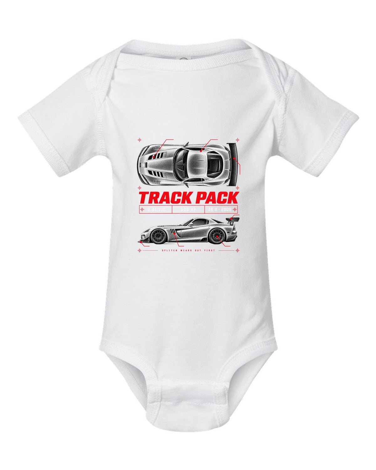 Spec poster print of a 2008 Dodge Viper ACR ZB II with Track Pack, 8.4L V10 and 600 HP text white baby onesie front view with the design