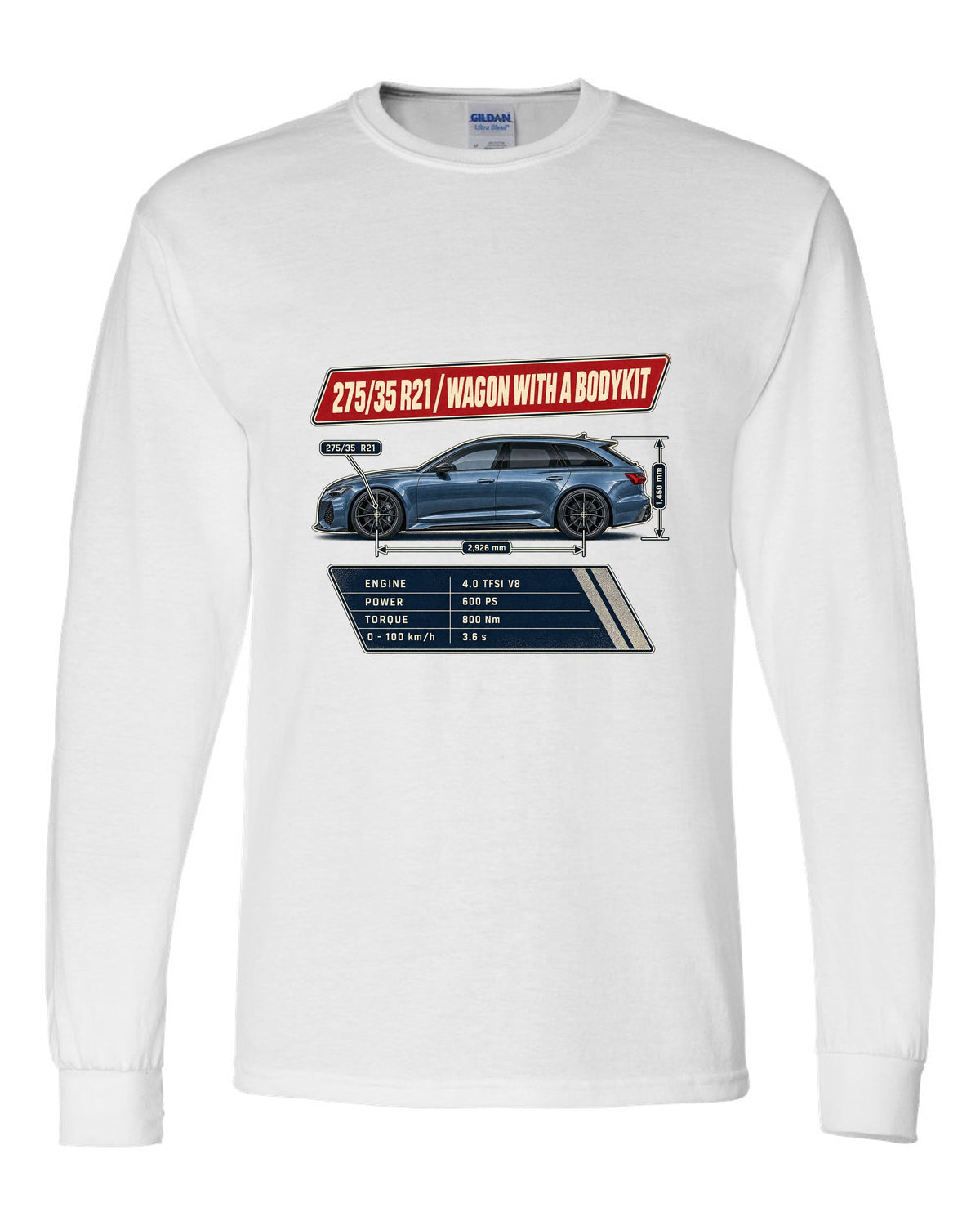 Spec poster for the Audi RS6 Avant C8 listing 275/35 R21 tyres white long sleeve front view with the design