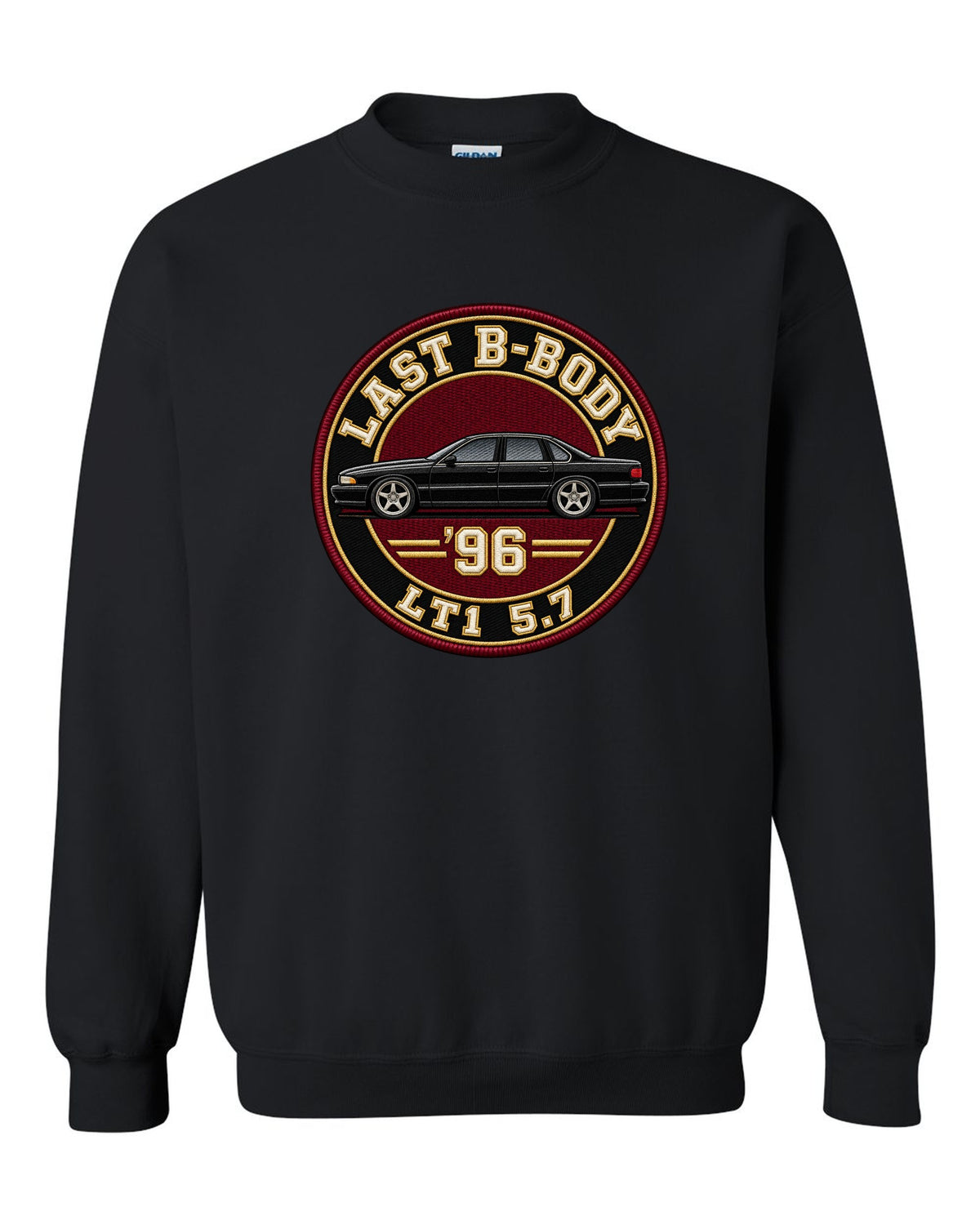 Varsity crest print for the 1996 Chevrolet Impala SS reading Last B-Body, '96, LT1 5.7 black crewneck front view with the design