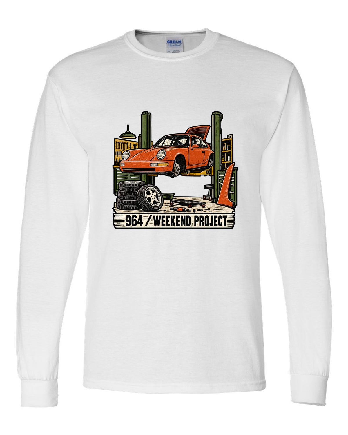 Linocut-style print of a Porsche 911 964 outlaw build with the text 964 Weekend Project white long sleeve front view with the design