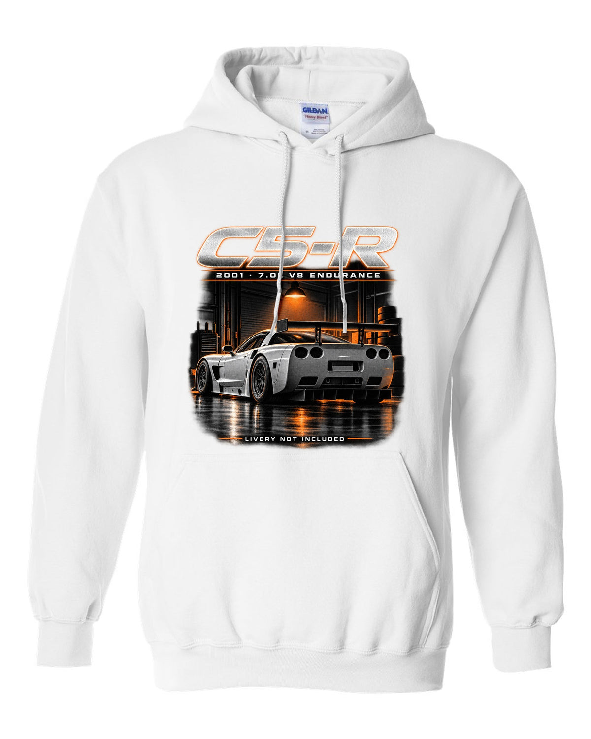 Corvette C5-R race car with big rear wing in a night garage white pull over hoodie front view with the design