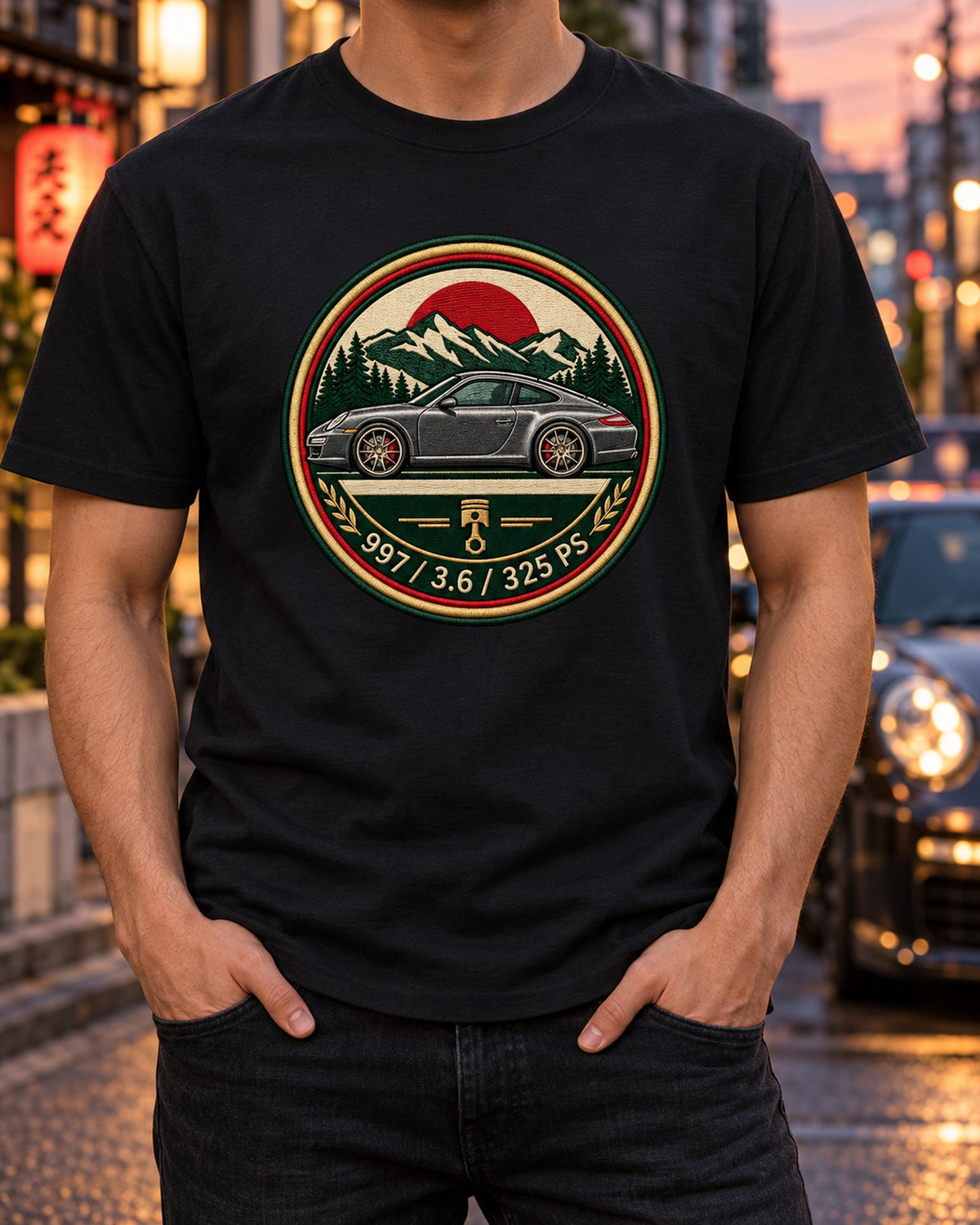 Porsche 996 Water Cooled Round Crest Shirt, 3.4 Flat-Six T-Shirt Black worn hero