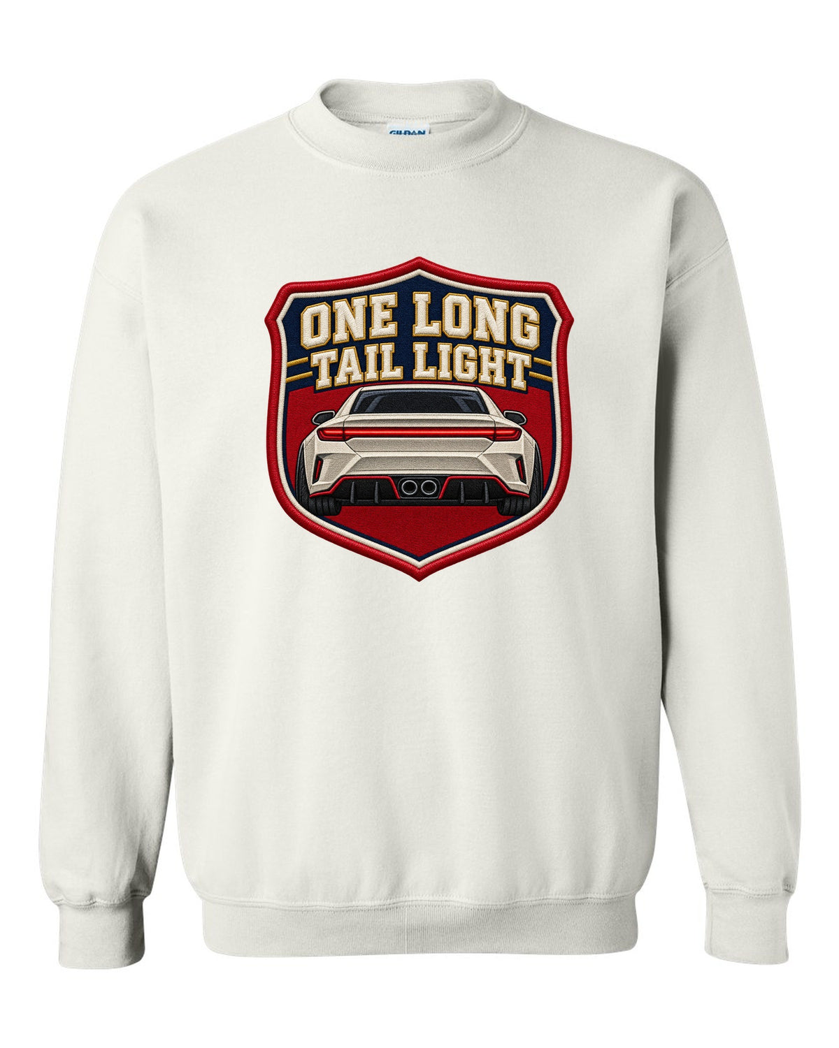 Embroidery varsity crest print of a Hyundai Elantra N CN7 rear with one long tail light text white crewneck front view with the design