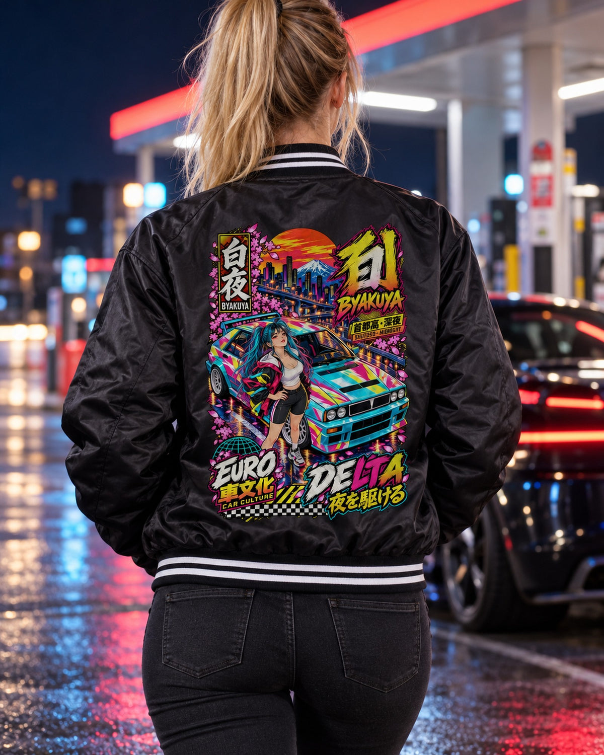 BYAKUYA DELTA Anime Girl Full-Back Graphic Tee Bomber Jacket Black worn hero